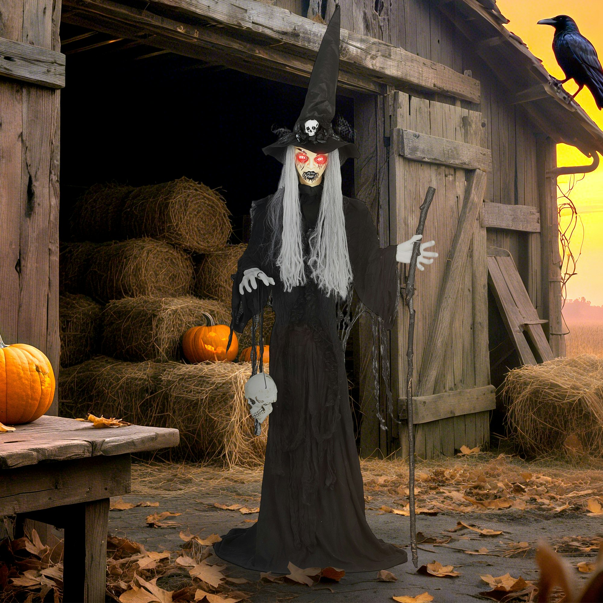 Rackhams Black Voice Activated Animatronics Standing Witch Halloween Decoration 5.5Ft - 60L X Size 30W X 170H Cm