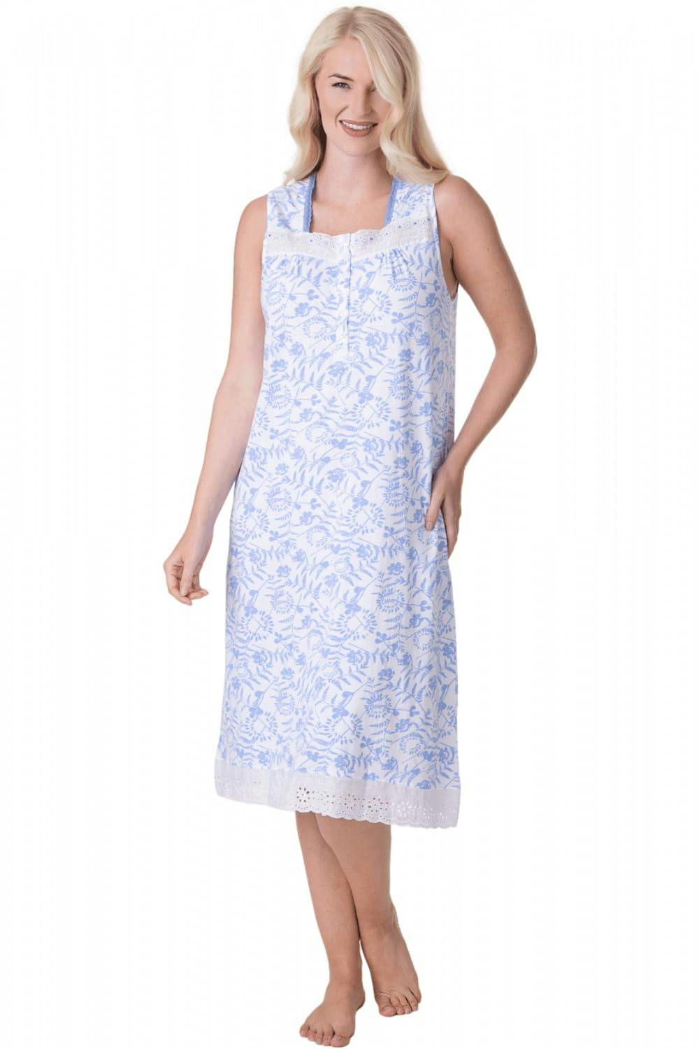 Camille Women's Lightweight Jersey Cotton Sleeveless Floral Nightdresses - Aqua - 14-16