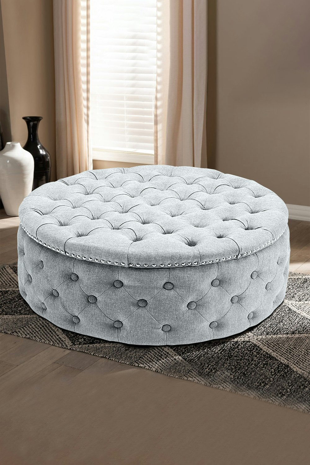 Living And Home Grey Tufted Round Cocktail Footstool