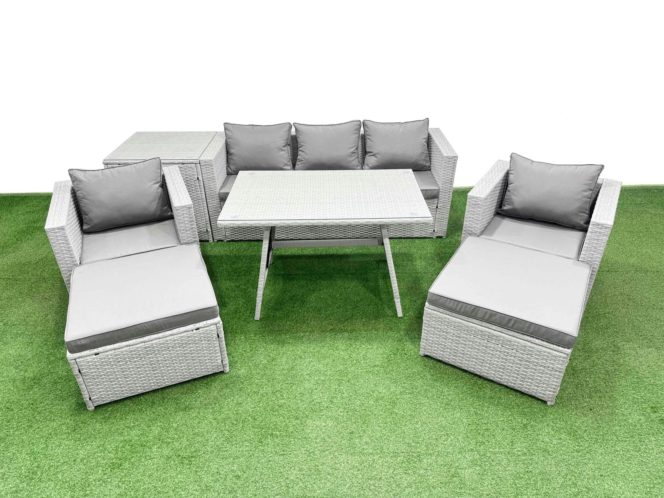 Rackhams Light/Grey 8 Pieces Outdoor Pe Rattan Sofa Armchair Set Patio Garden Furniture Sets With Cushions Side Table 2 Big Stools