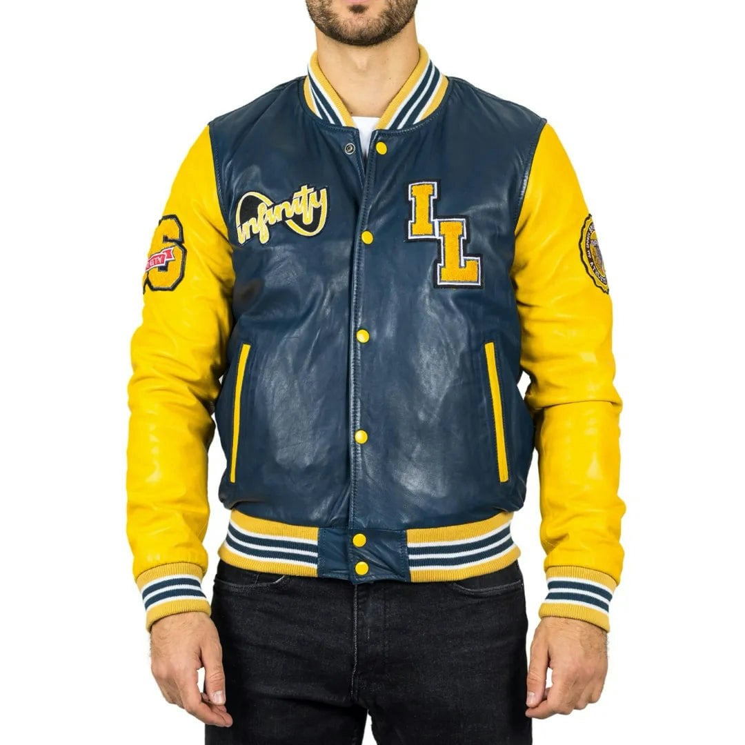 Infinity Leather Men's Blue Leather Company Navy Leather Letterman Bomber Jacket - 4XL