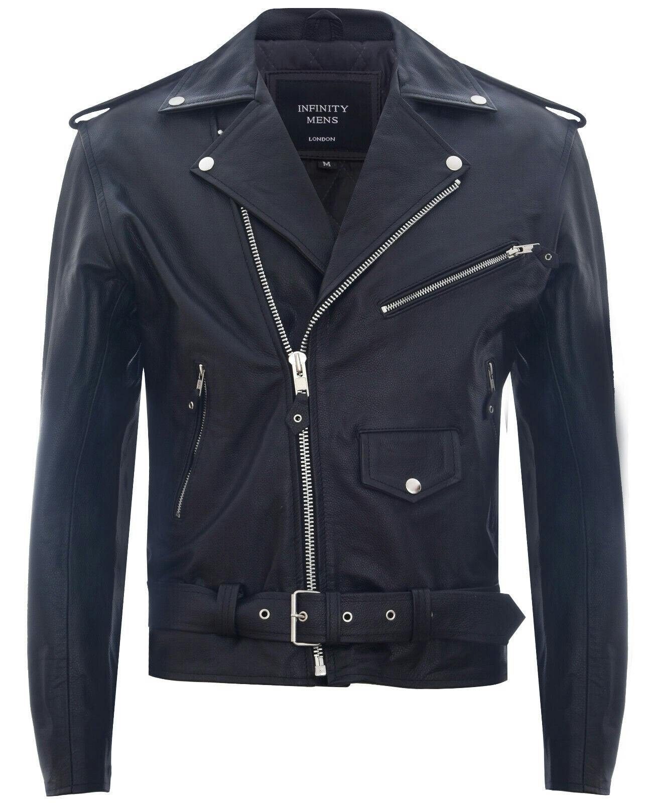 Infinity Leather Men's Black Leather Brando Biker Rock Motorcycle Hide Jacket - Uk L | Eu 50 | Us 40