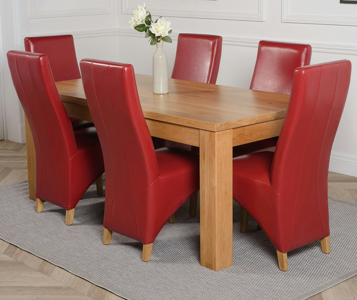 That's Furniture Burgundy Dakota Large Oak Dining Table With Lola Leather Chairs - 6 Chairs