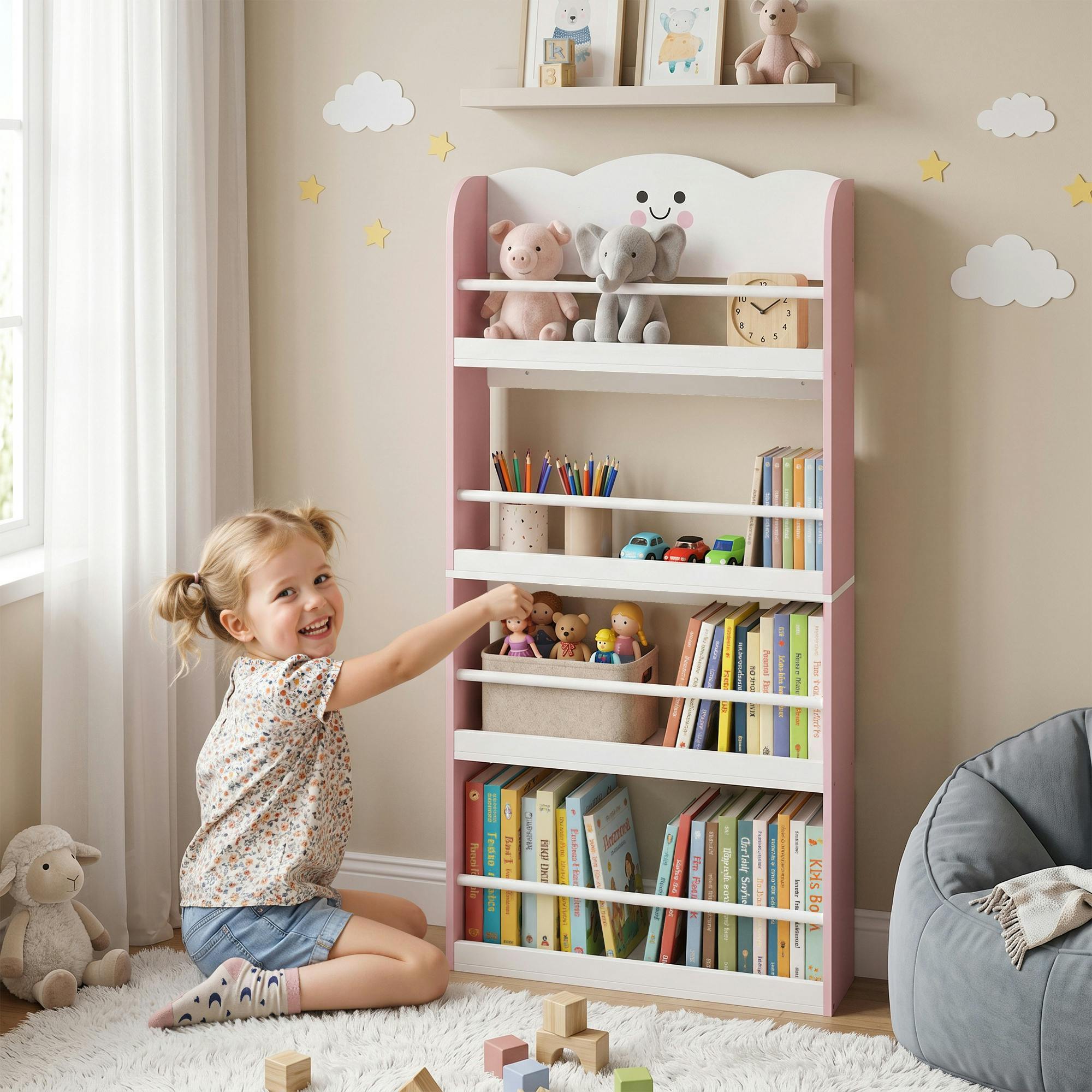 Aiyaplay Pink Kids Bookshelf Bookcase With 4-Tier Shelves For Living Room,