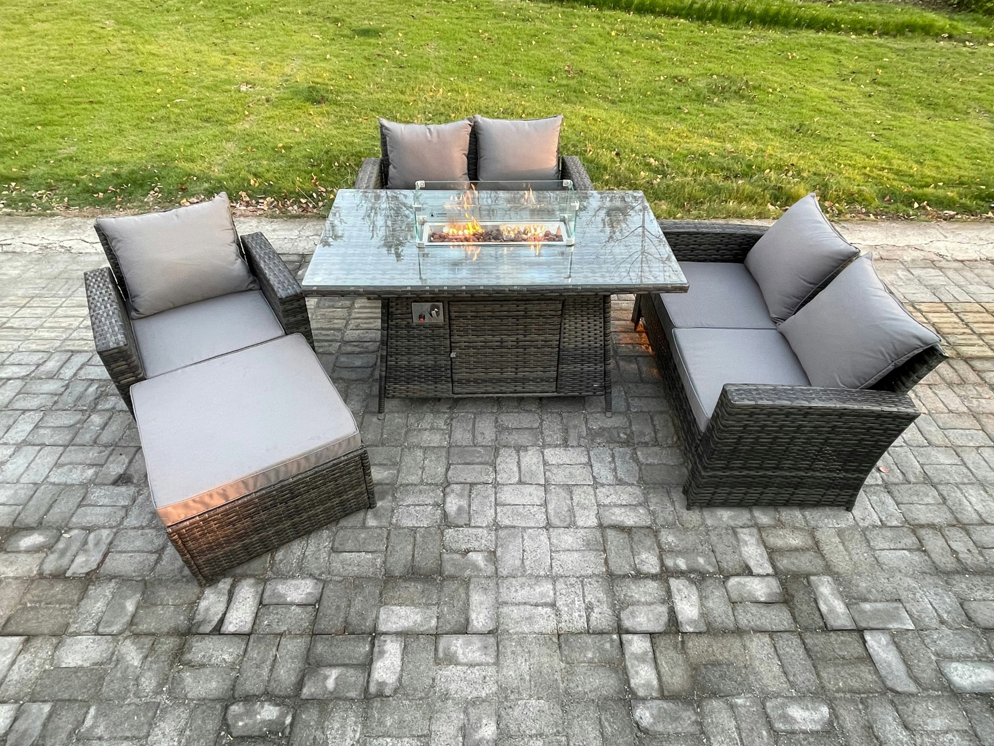 Fimous Dark/Grey Rattan Outdoor Garden Furniture Gas Fire Pit Table Sets Gas Heater With Double Seat Sofa Armchair Big Footstool 6 Seater Mixed