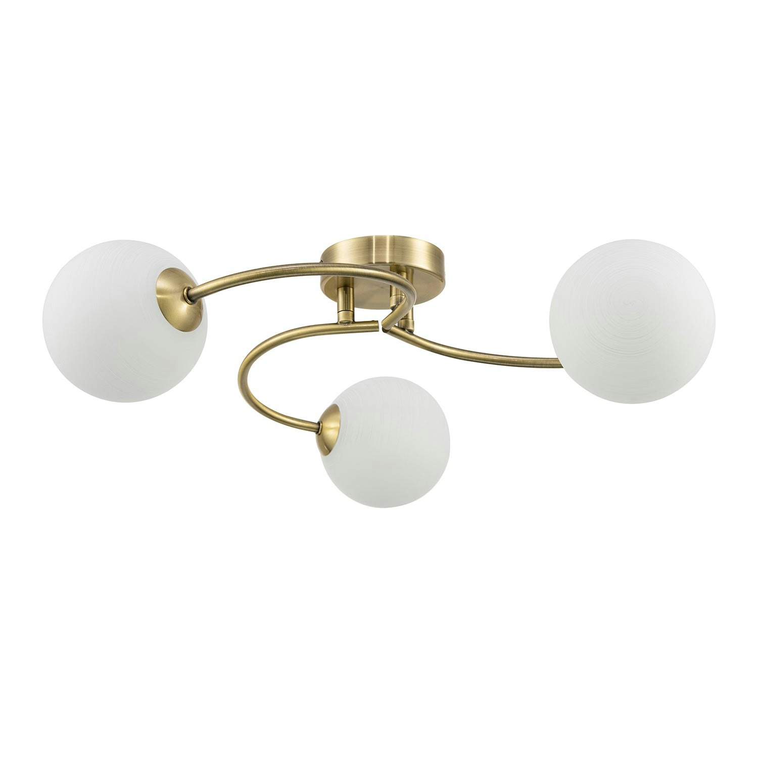Happy Homewares Light Modern 3-Arm Antique Brass Ceiling With Opal Swirl Glass Spherical Shades