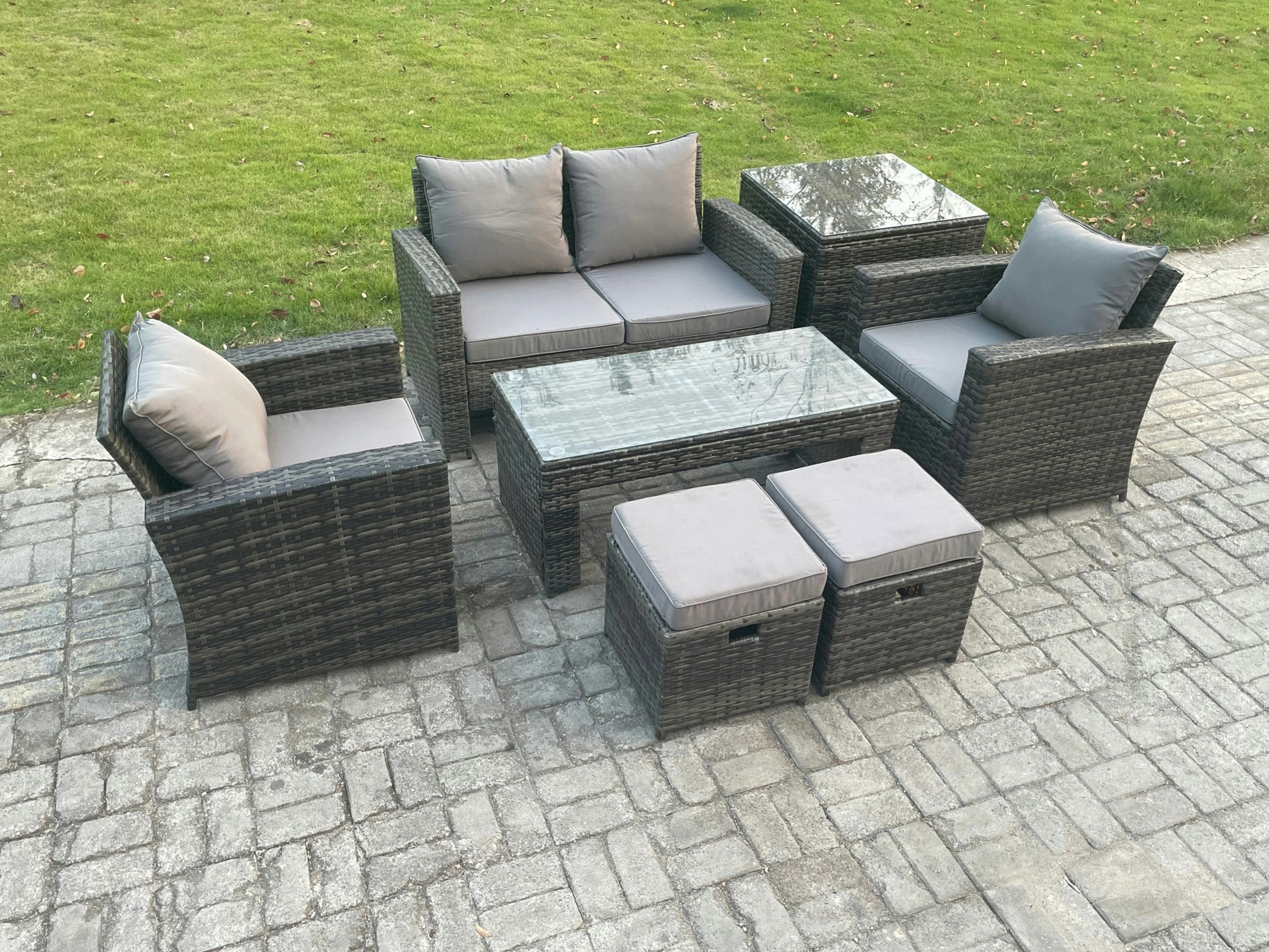 Rackhams Dark/Grey 6 Seater Outdoor Rattan Garden Furniture Set Patio Lounge Sofa Set With Coffee Table Side Table 2 Small Footstools Mixed