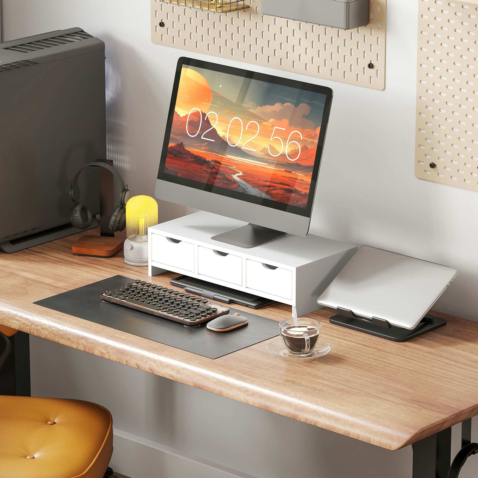 Homcom White Monitor Stand Riser With 3 Drawers For Laptop, Computer, Pc,