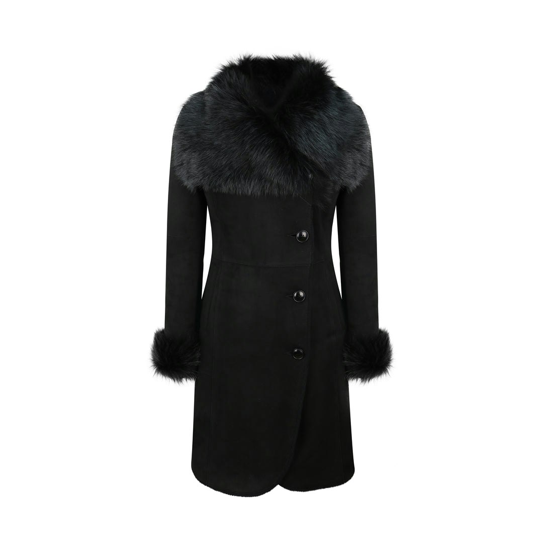 Infinity Leather Women's Black Real Sheepskin Jacket Suede Button Slim Fit 3/4 Long Trench Coat Designer - 3XL