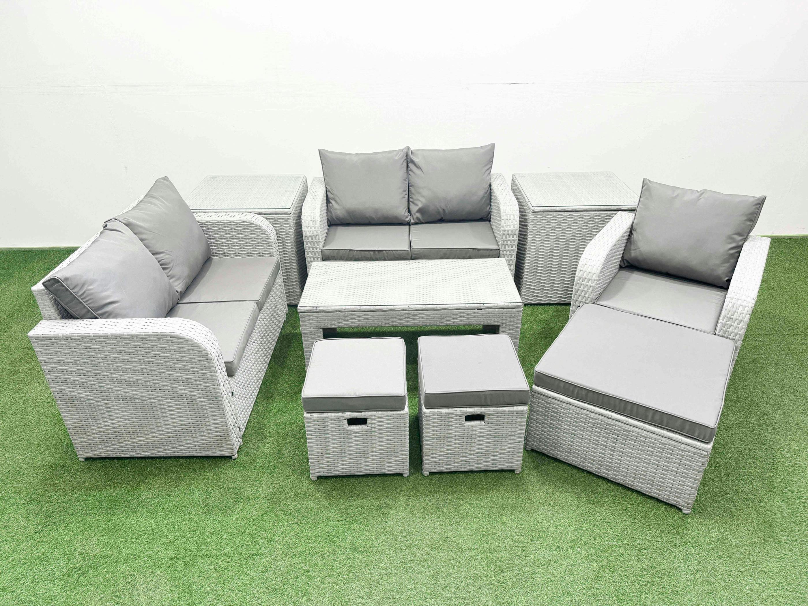 Fimous Light/Grey 3 Stools Rattan Lounge Set, High Back Poly Rattan, Reclining Loveseat, Oblong Coffee Table And 2 Side Tables,