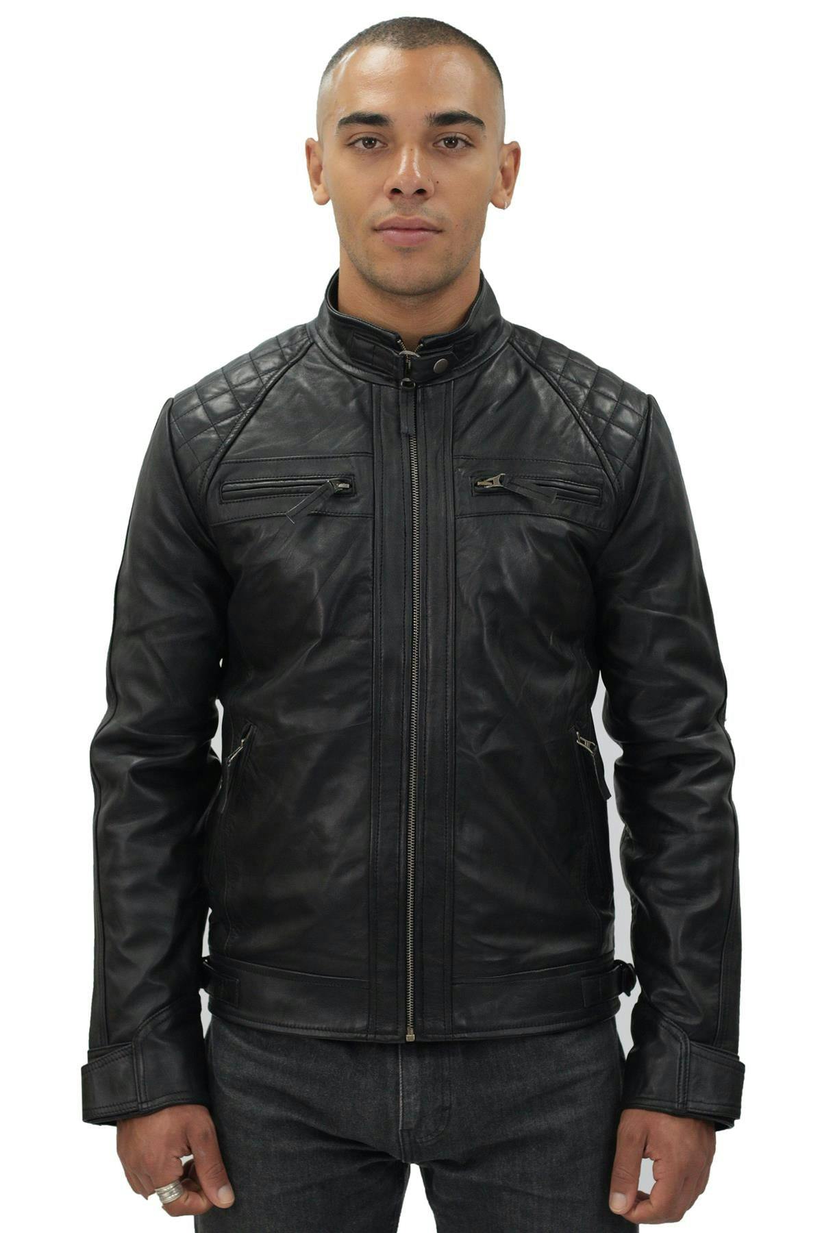 Infinity Leather Men's Black Vintage Leather Quilted Biker Jacket-Monaco - Uk 3XL | Eu 56 | Us 46
