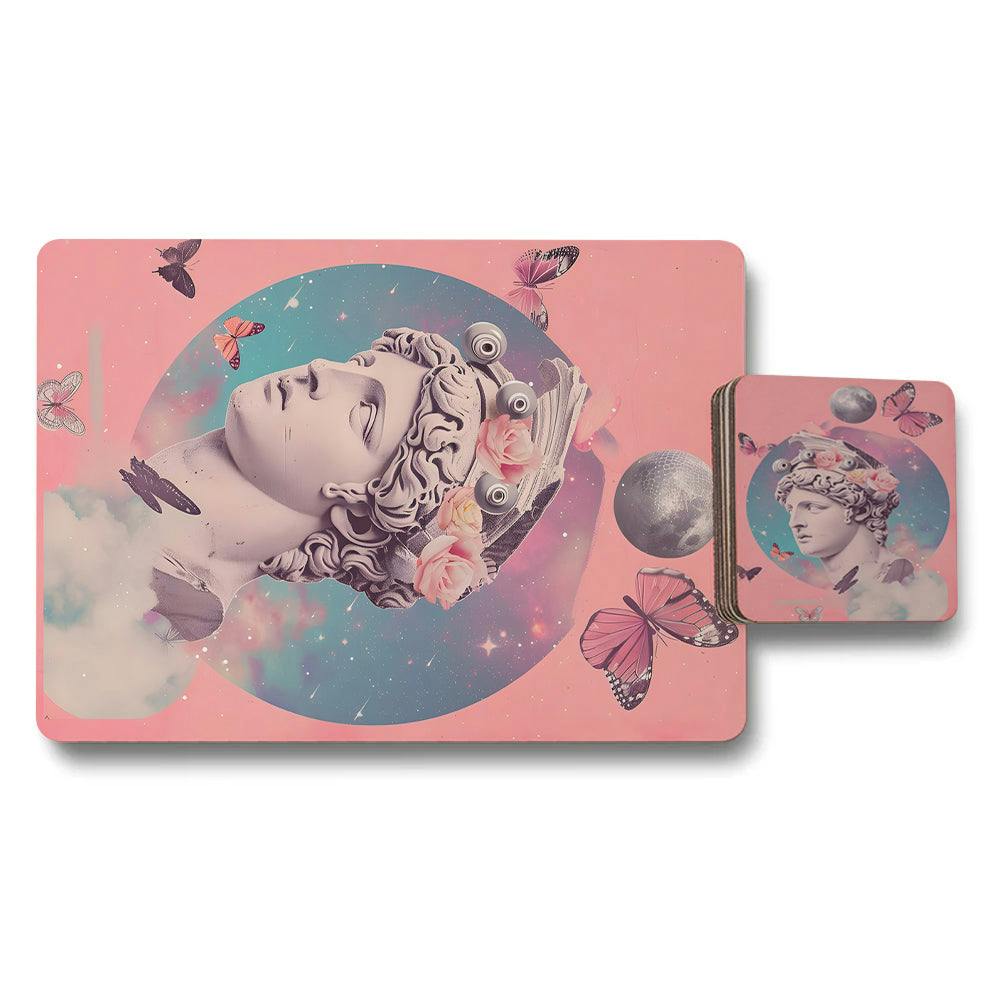 Rackhams Pink Designer Artwork Placemat Coaster Set With Wood Base Surreal Statue Print Limited Edition