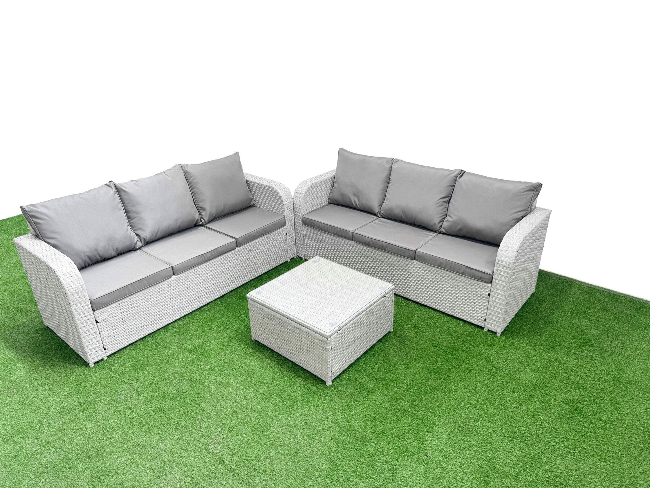 Rackhams Light/Grey Outdoor Garden Furniture Sets 6 Seater Wicker Rattan Furniture Sofa Sets With Square Coffee Table High Back Lounge Sofa