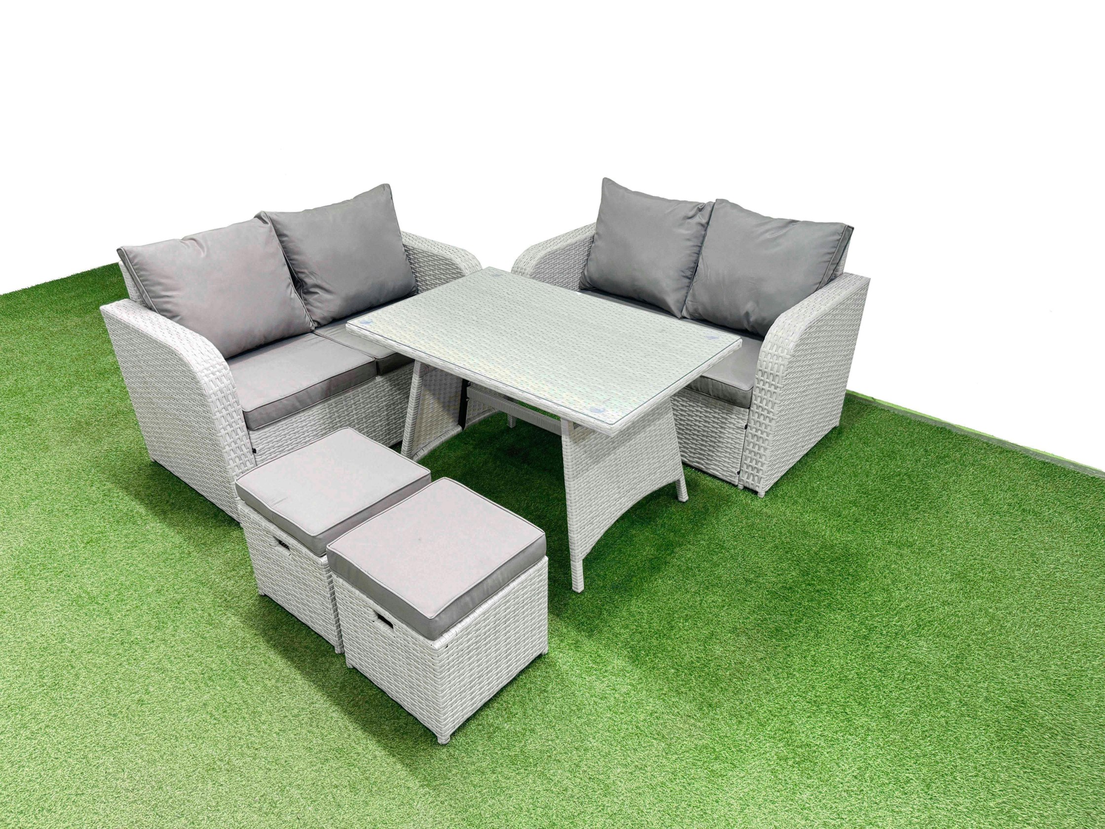 Rackhams Light/Grey 6 Seater Outdoor Love Sofa Set Rattan Garden Furniture Set With Rectangular Dining Table 2 Small Footstool