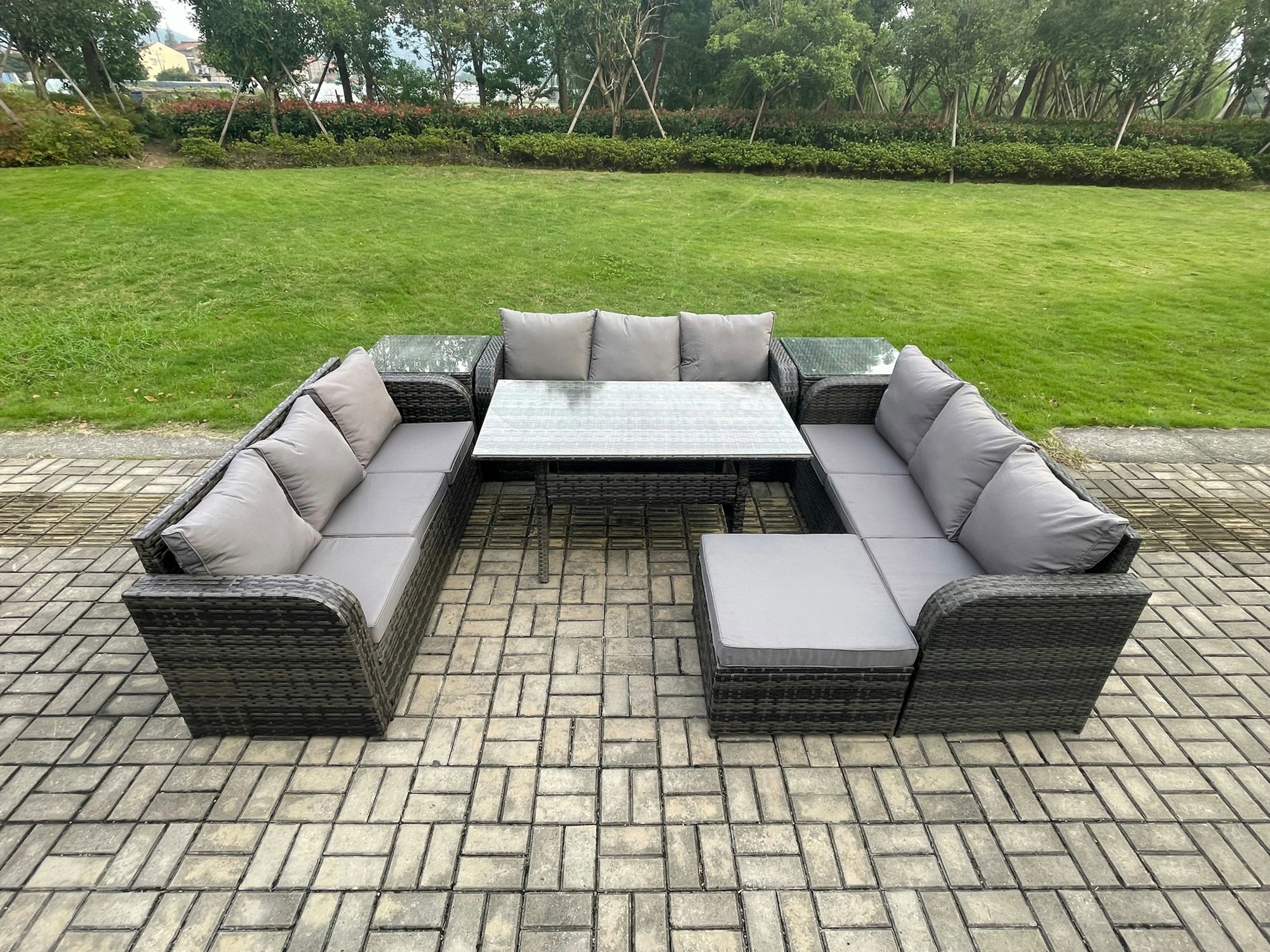 Rackhams Dark/Grey 10-Seater Rattan Outdoor Lounge Set | Oblong Dining Table, Footstool, 2 Side Tables |