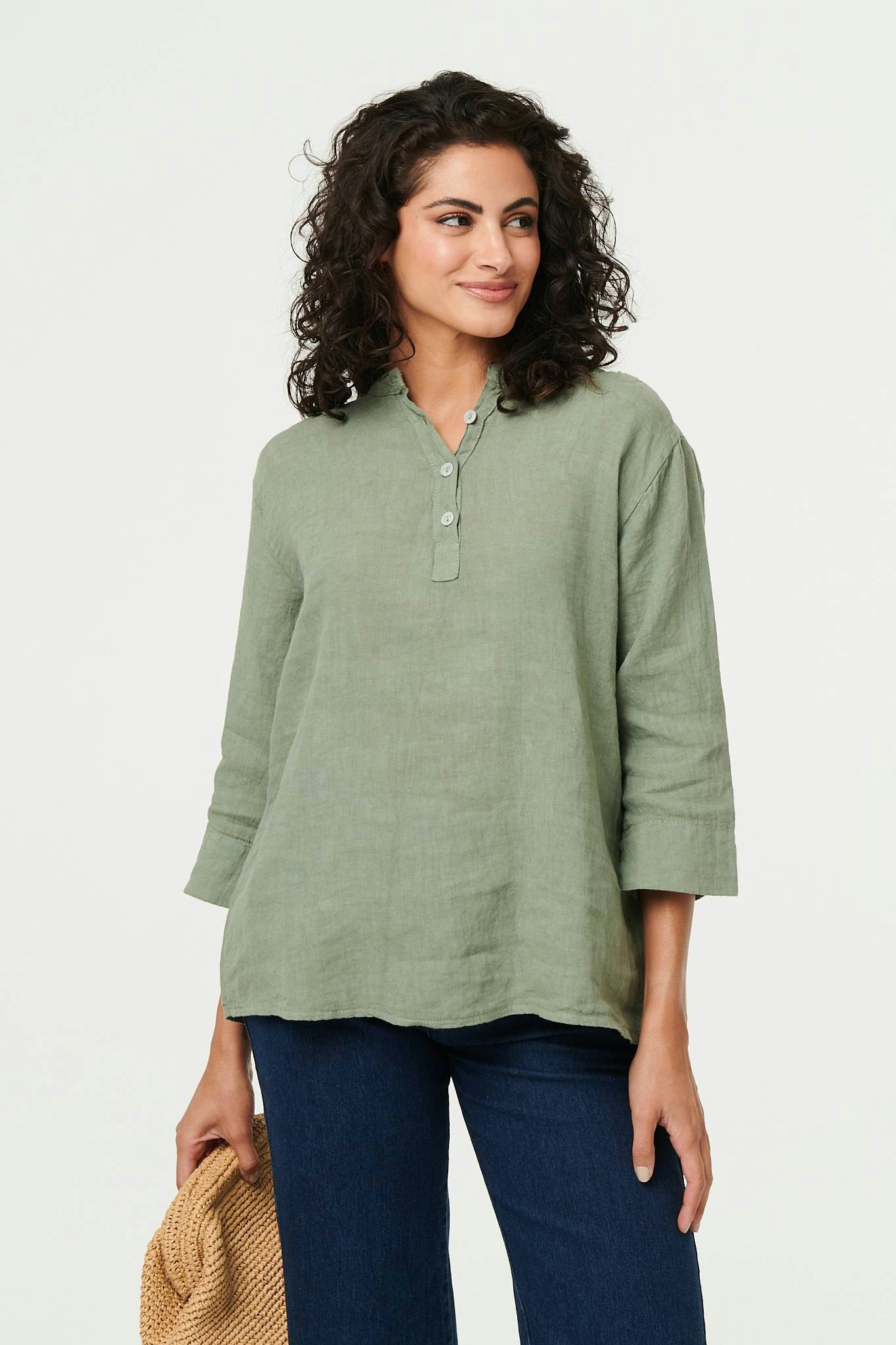 Izabel London Relaxed 3/4 Sleeve Button Neck Blouse - Khaki Size 16