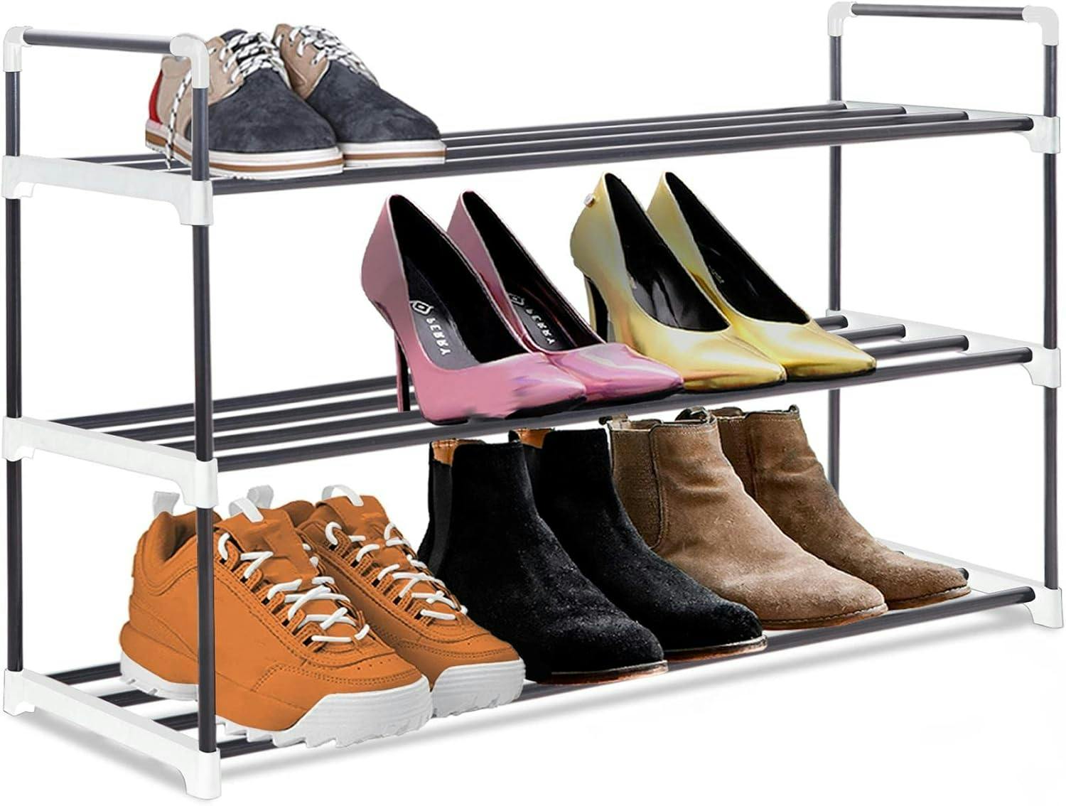 Mantraraj Grey 3 Tier Heavy Duty Metal Shoe Quick Assembly Shoe Rack Shoe Storage Cabinet Holds Upto 12-15 Pairs - Shoe Rack - Metal
