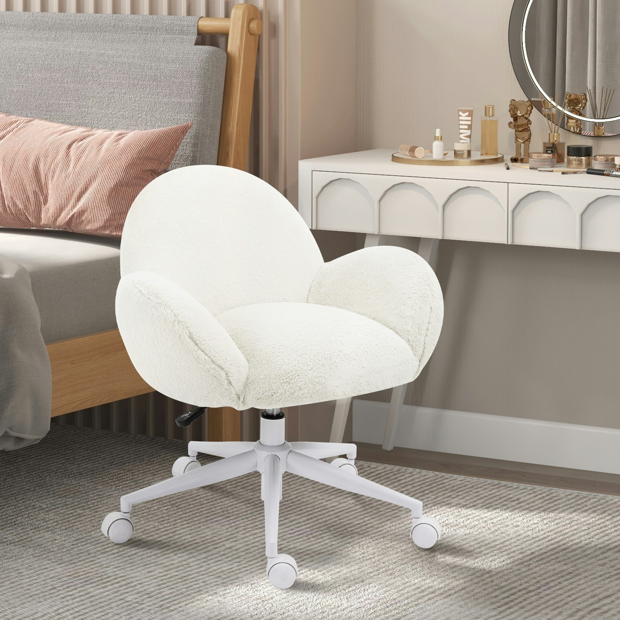 Homcom Pink/Cream Fluffy Leisure Chair Office Chair With Backrest Armrest Wheels
