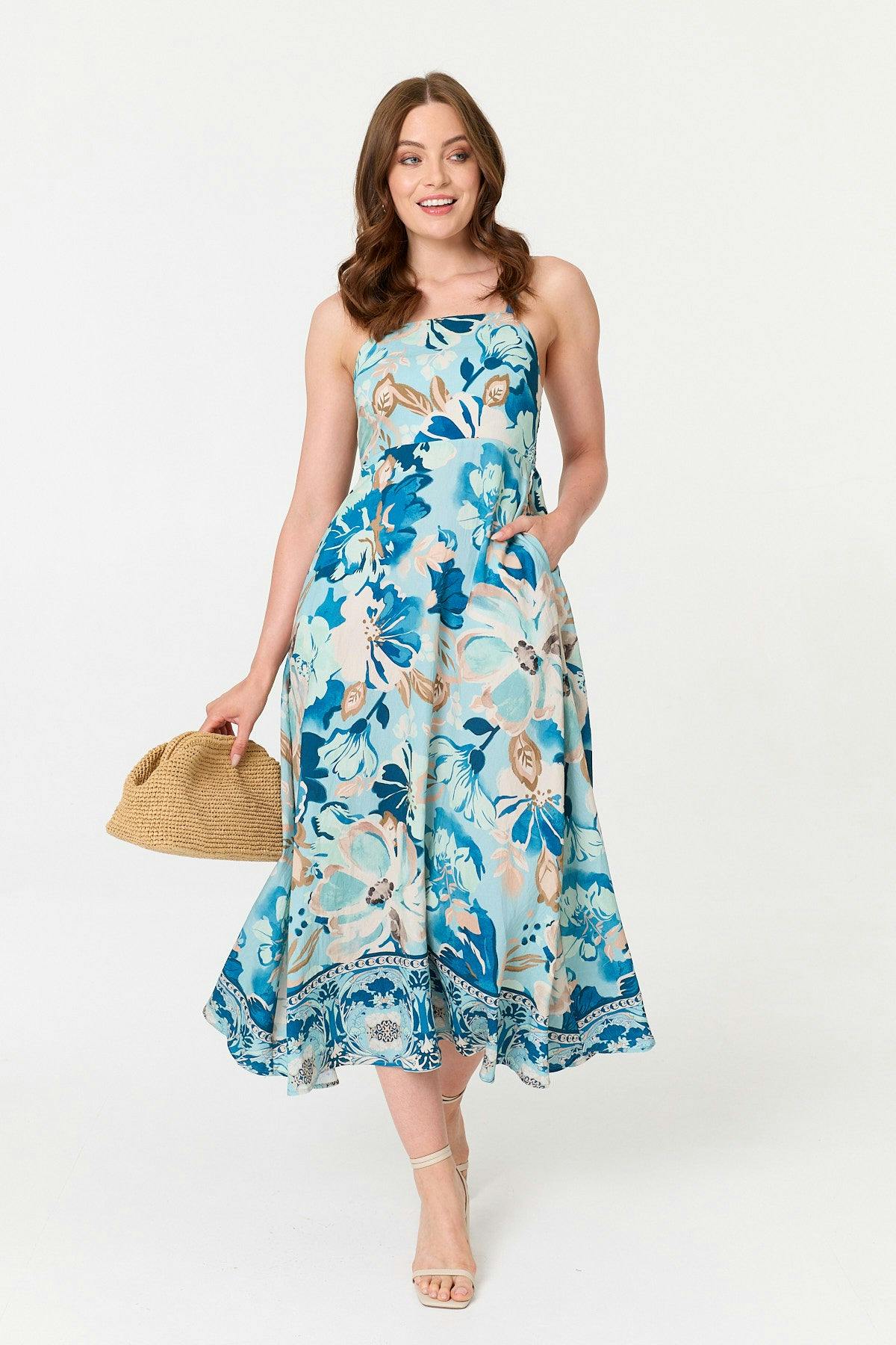 Izabel London Blue Floral A-Line Sleeveless Maxi Dress - 14
