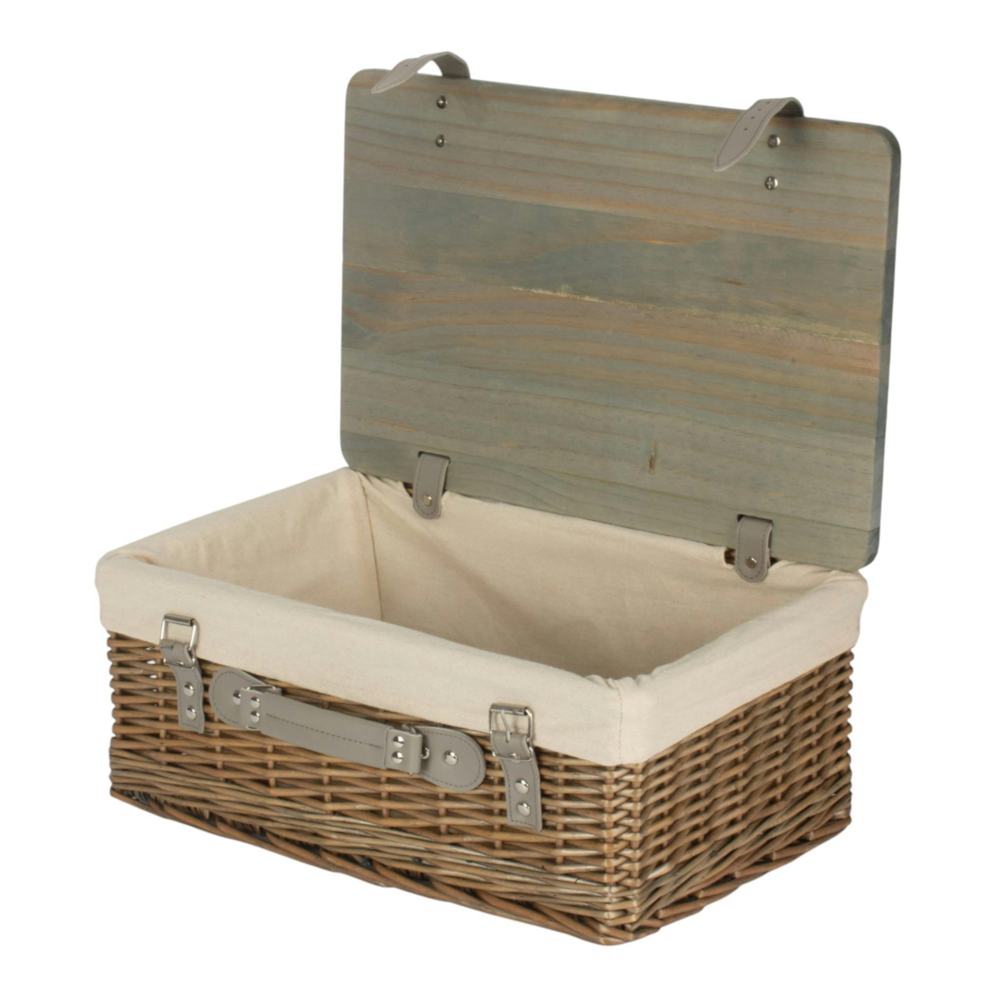Rackhams White Antique Wash Lined Willow Picnic Basket With Pinewood Lid - Large - 1 - Wicker And Pinewood