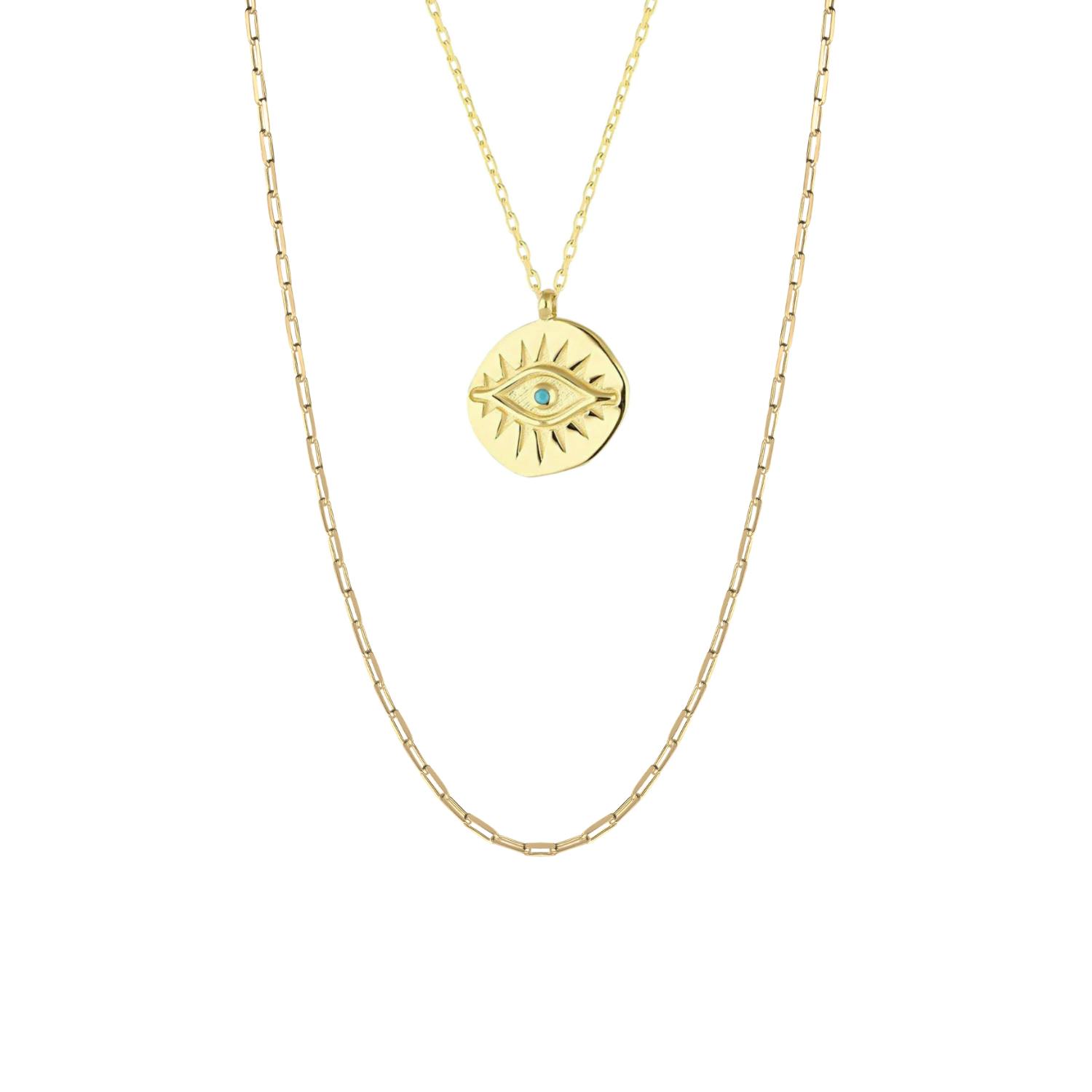 Spero London Silver/Gold Eye Coin And Rectangular Chain Sterling Evil Eye Necklace Set