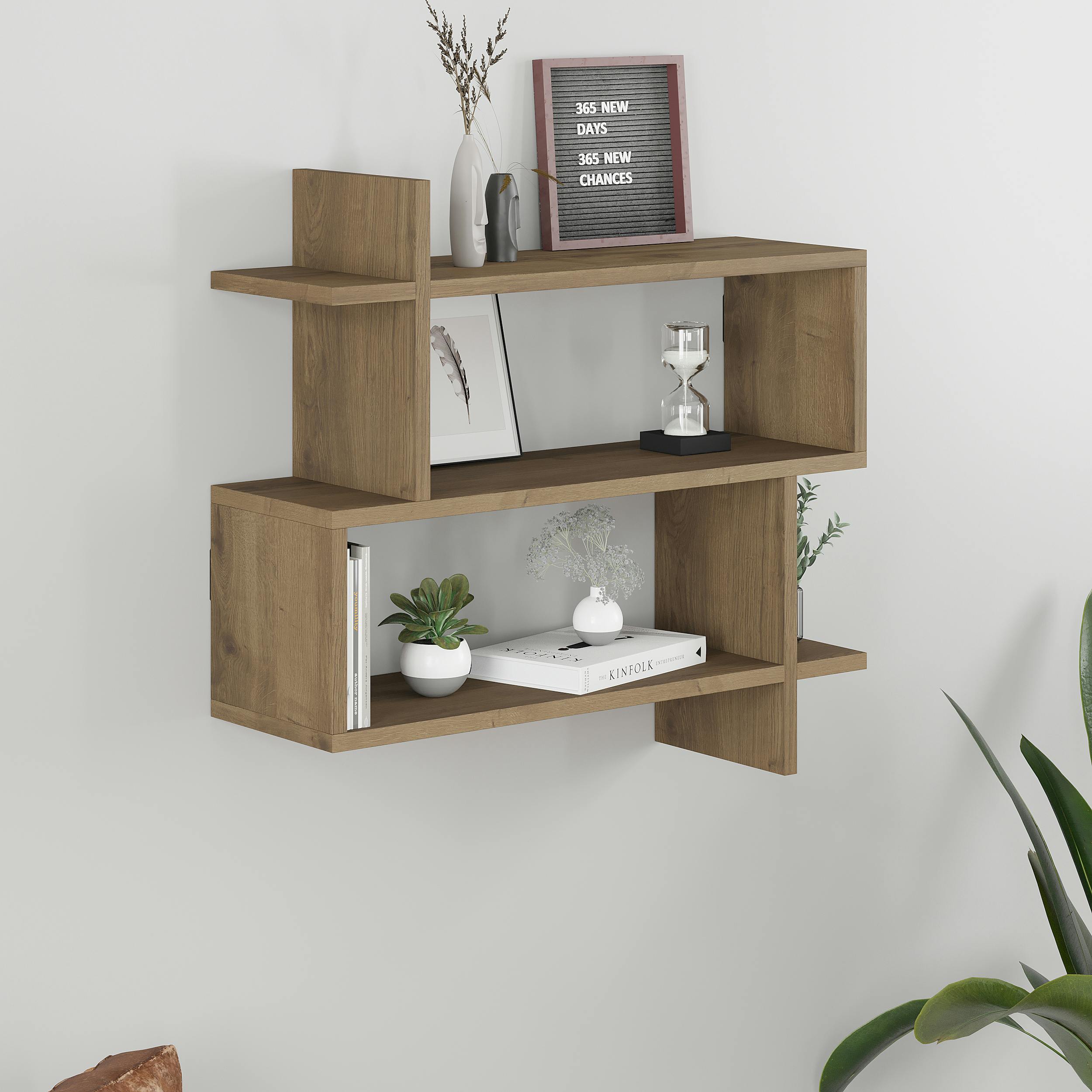 Rackhams Dark Paralel Wall Mounted Modern Bookcase Display Unit 2-Tier Sleek Design 70X22x66 Cm - Oak Effect
