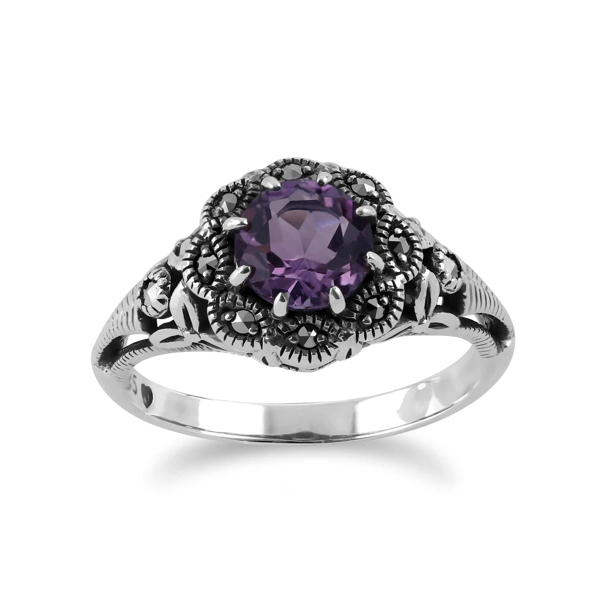 Gemondo Silver Art Nouveau Style Round Amethyst & Marcasite Floral Ring In Sterling - J