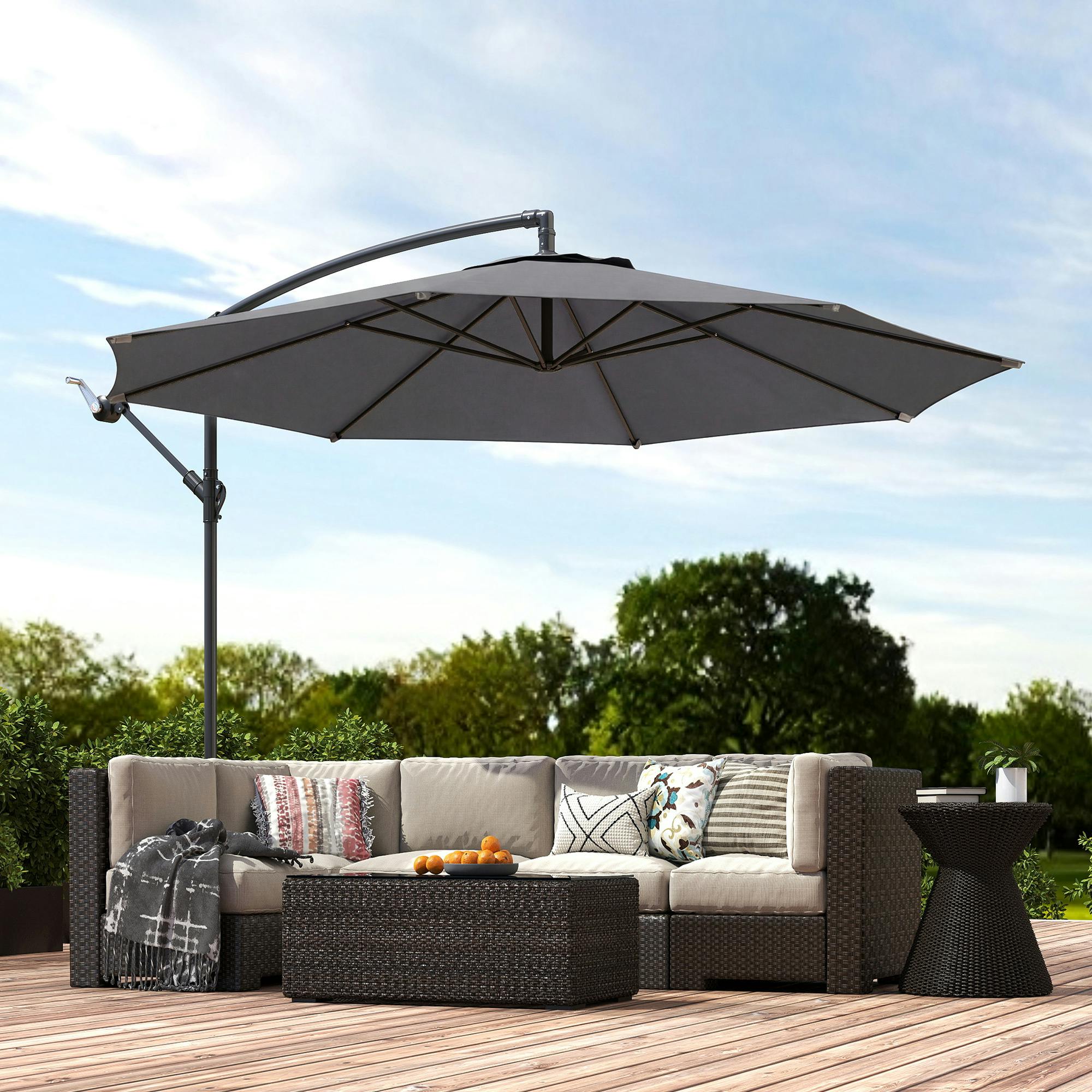 Rackhams Grey 3(M) Garden Banana Parasol Cantilever Umbrella W/ Base
