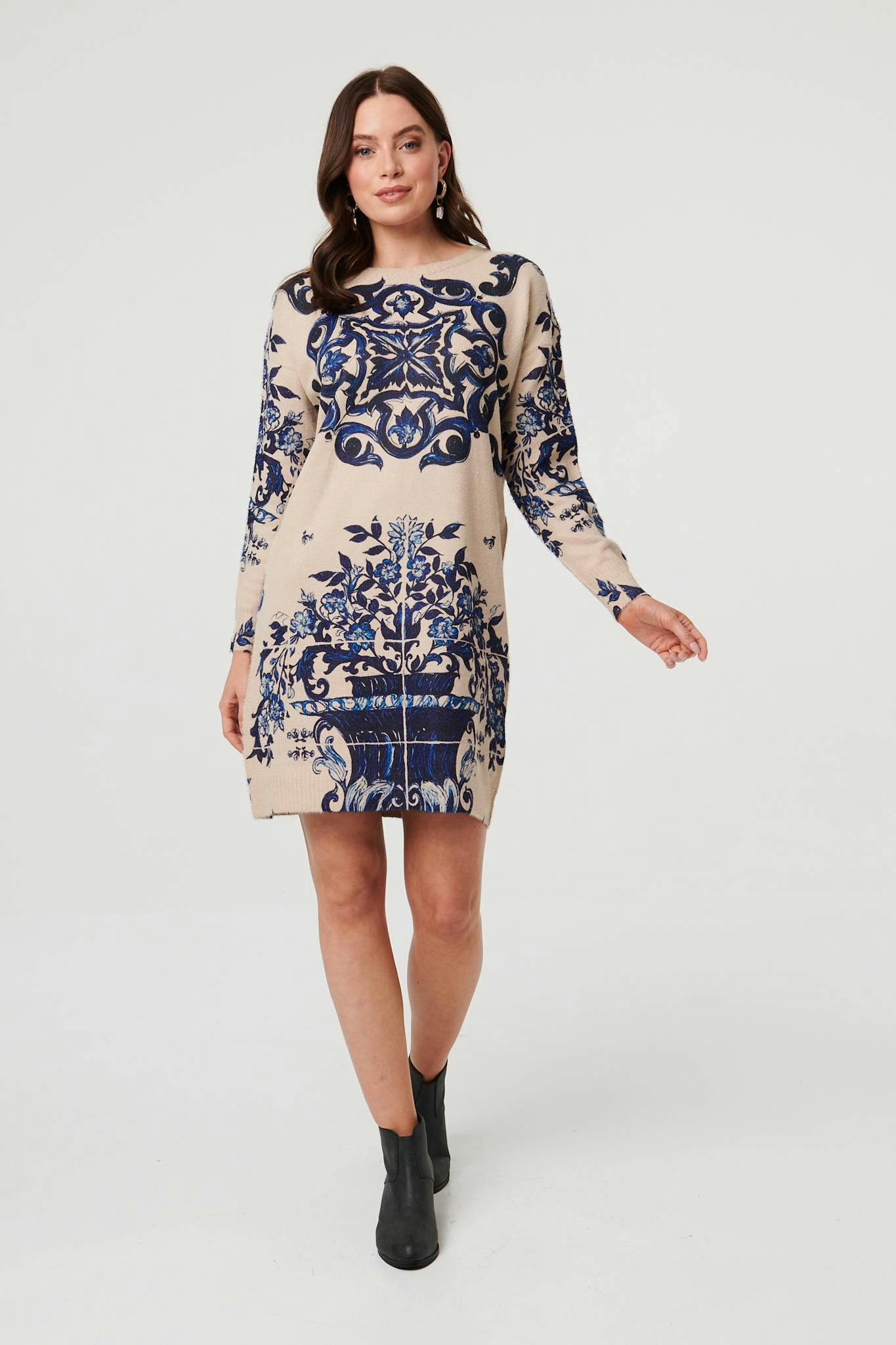 Izabel London Beige Baroque Print Short Jumper Dress - S