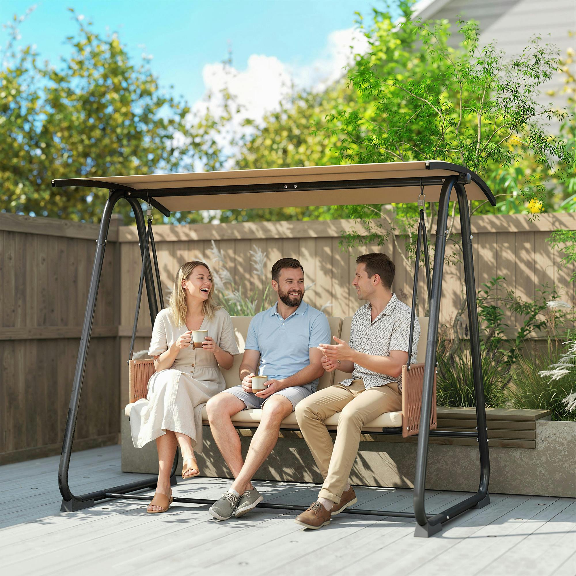 Rackhams Brown 3 Seater Garden Swing Chair With Adjustable Canopy - Sand - Sand - 1 - Garden Swing Seat