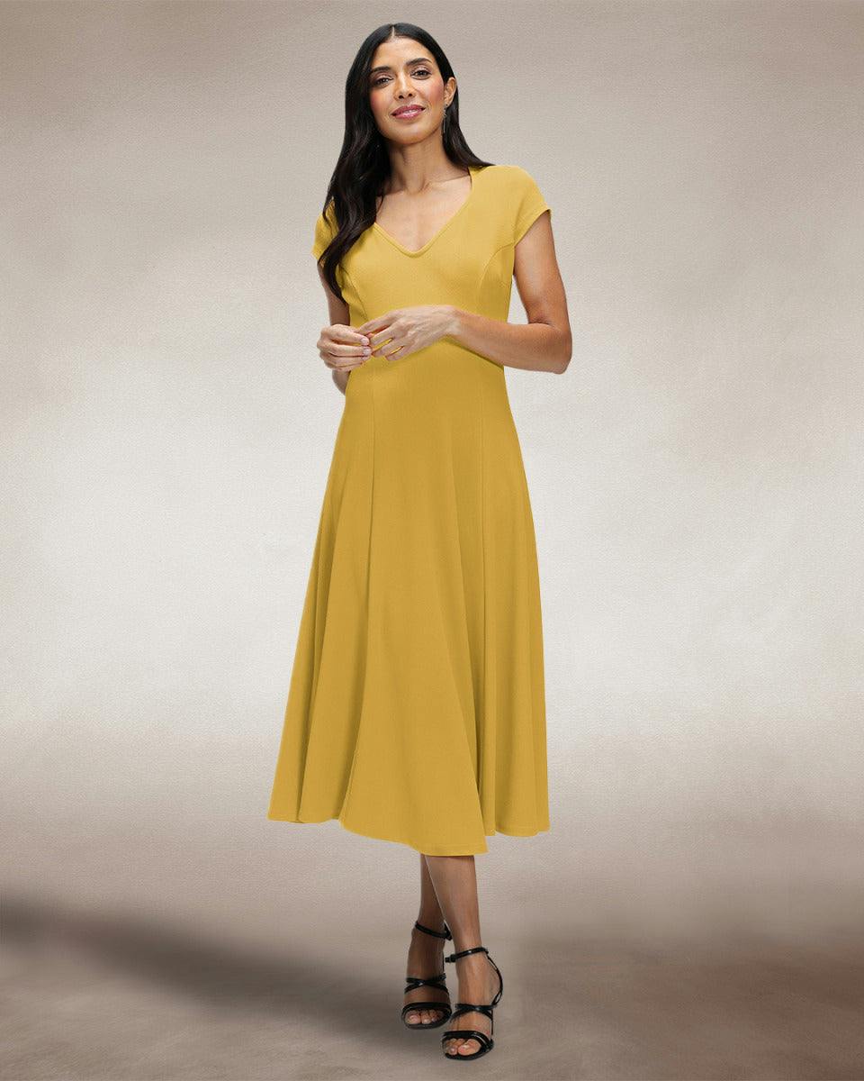 Hotsquash Yellow A Line Midi Dress With Cap Sleeves - 10