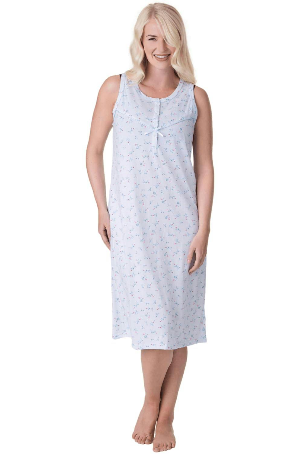 Camille Women's Blue Polycotton Sleeveless Floral Nightdress - 22-24