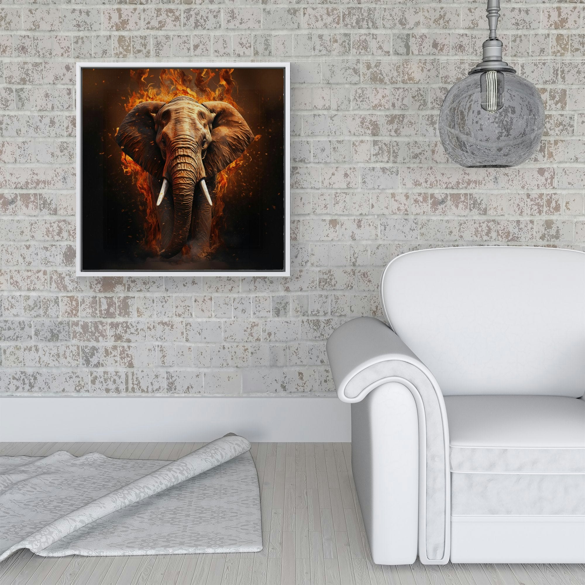 Warren Reed White Splash Art Elephant And Fire Framed Canvas - 16" X 16"