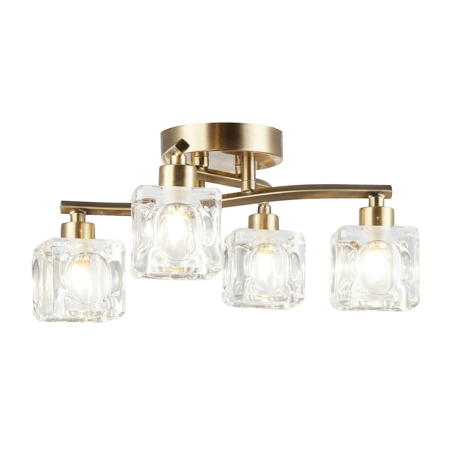 Rackhams Light Modern Antique Brass 4-Bulb Ceiling With Square Clear Ice Cube Shades