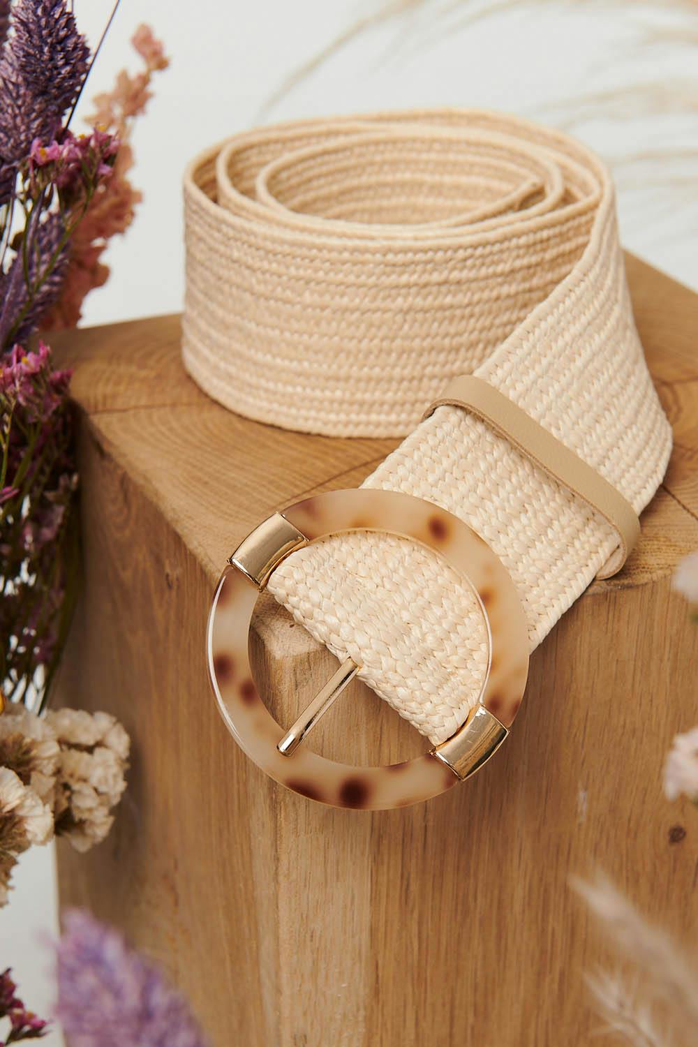 Izabel London Cream Woven Texture Buckle Belt - One