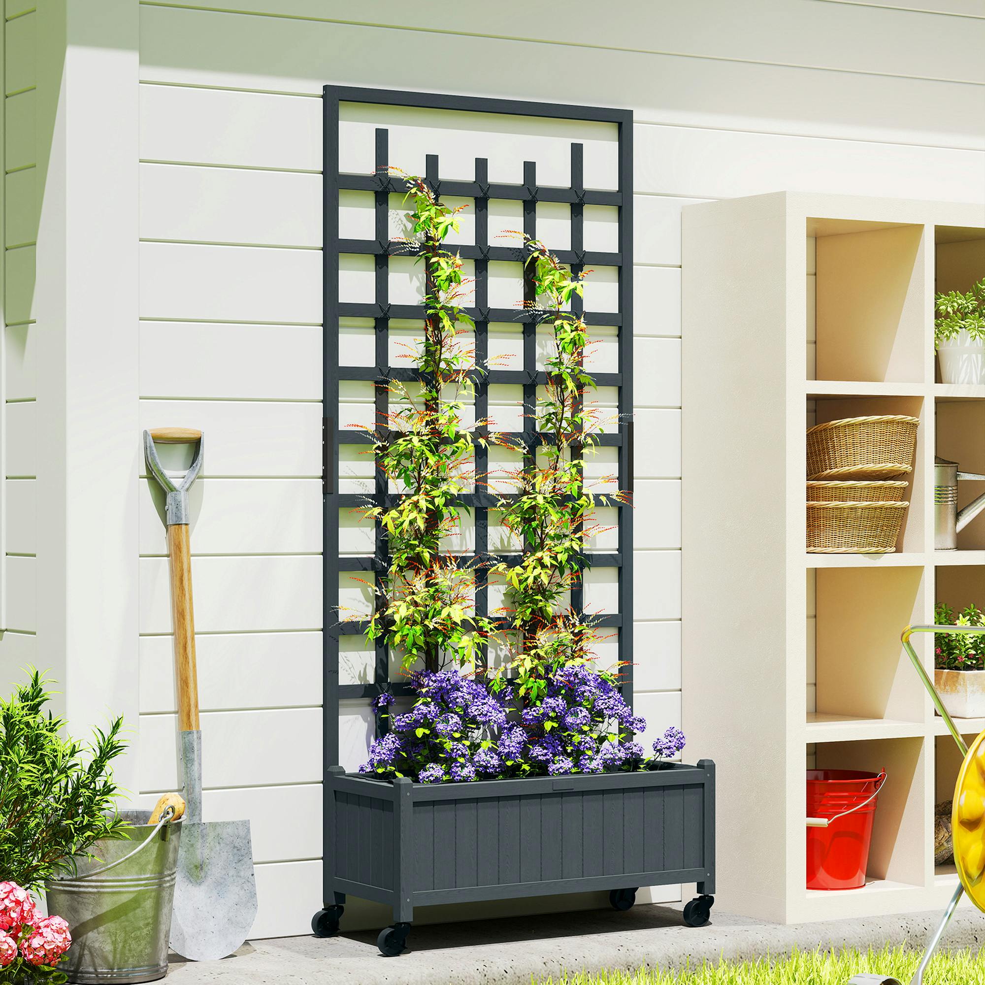 Outsunny Grey Wooden Trellis Planter, Raised Garden Bed With Wheels,