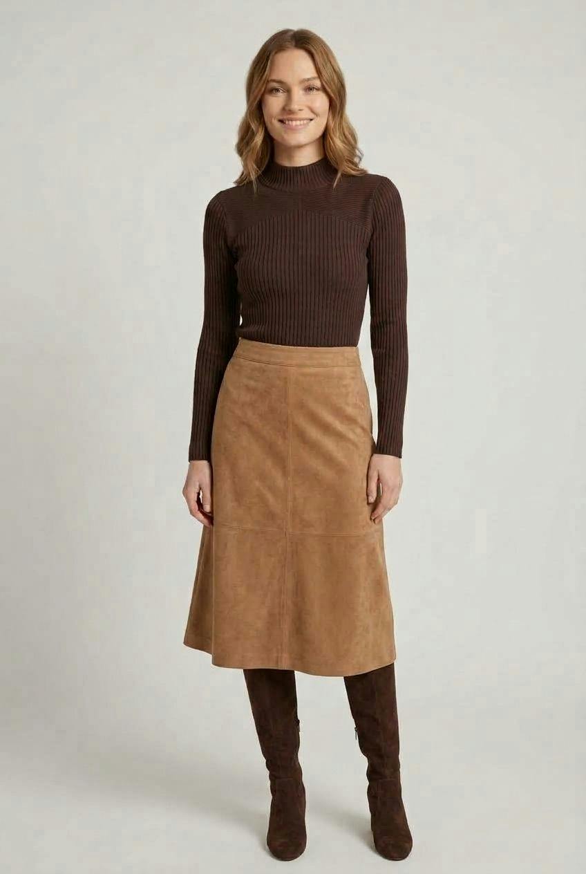 Izabel London Brown Striped Texture High Neck Slim Knit Top - 14