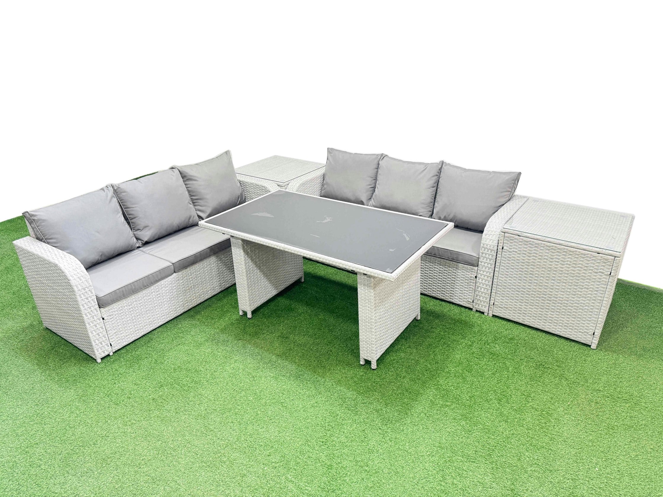 Rackhams Light/Grey 6 Seater Rattan Outdoor Dining Table 3 Seater Sofa Set With 2 Side Tables