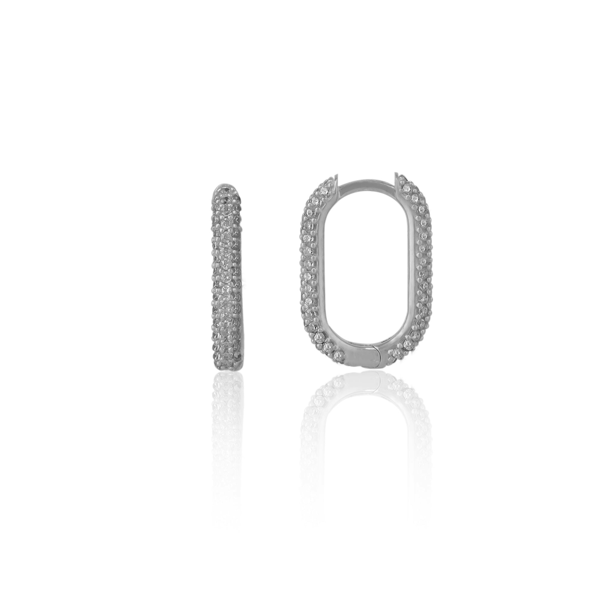 Spero London Silver Pave Rectangular Sterling Oval Hoop Earrings