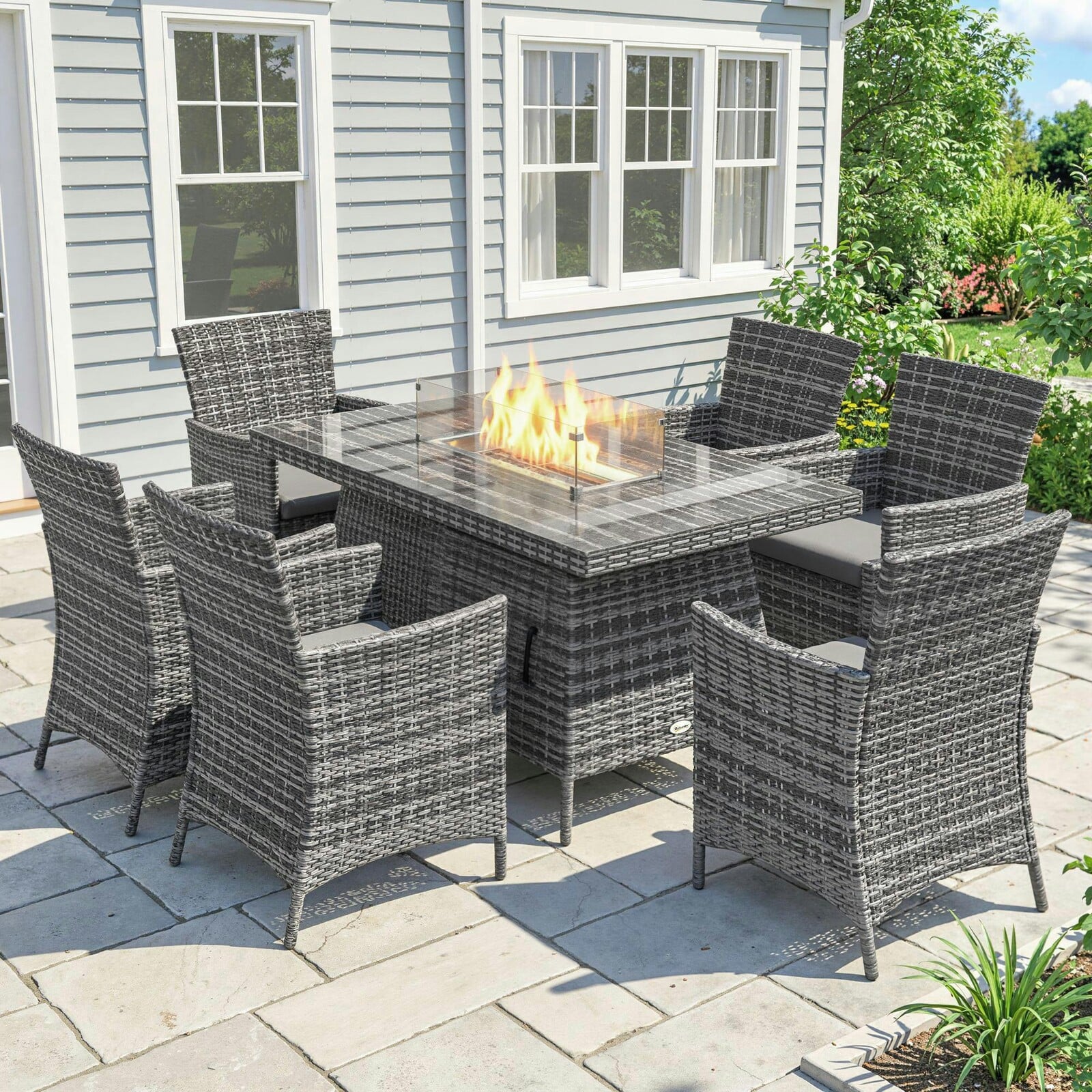 Rackhams Black/Grey Rattan Dining Set With Fire Pit Table And Armchairs, - Image 2
