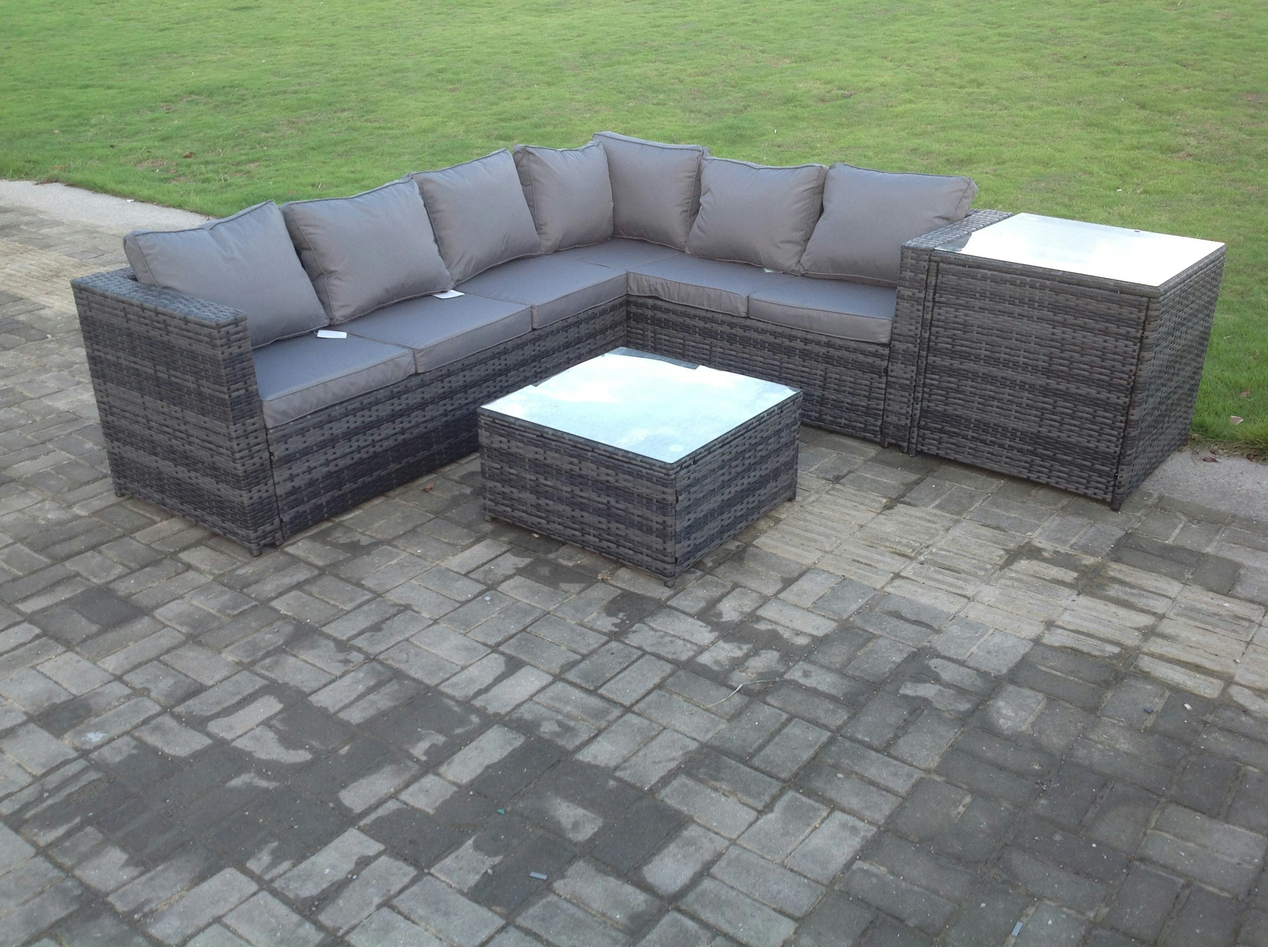 Fimous Dark/Grey Rattan Corner Sofa Set Garden Furniture With Coffee Tall Table And Side Table
