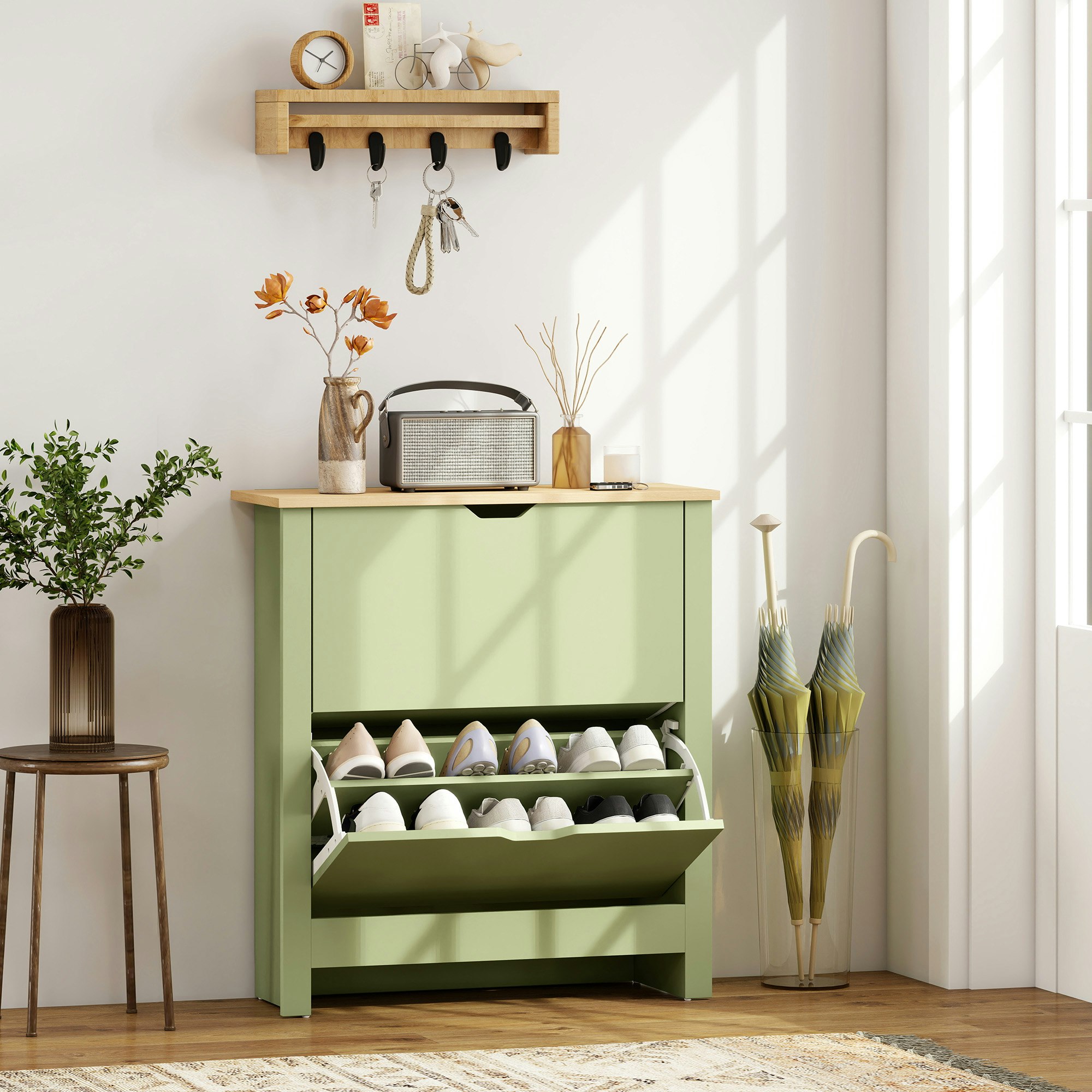 Rackhams Green 12-Shoe Storage Cabinet 4 Shelves 2 Drawers Tabletop