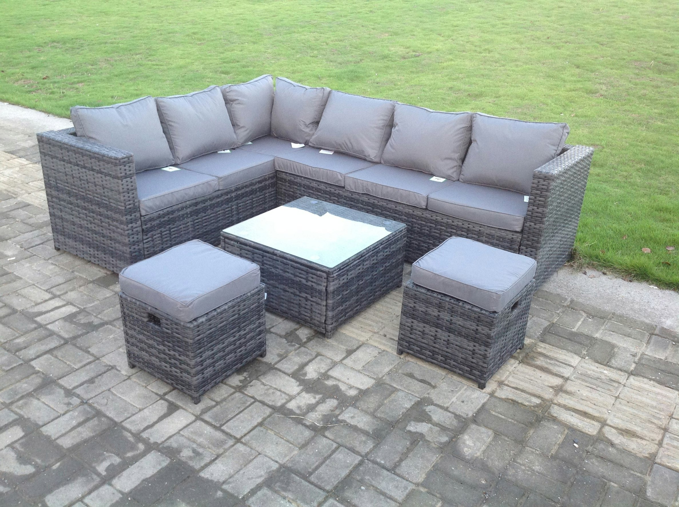 Fimous Dark/Grey 8 Seater Rattan Corner Sofa Set With Square Coffee Table Footstools