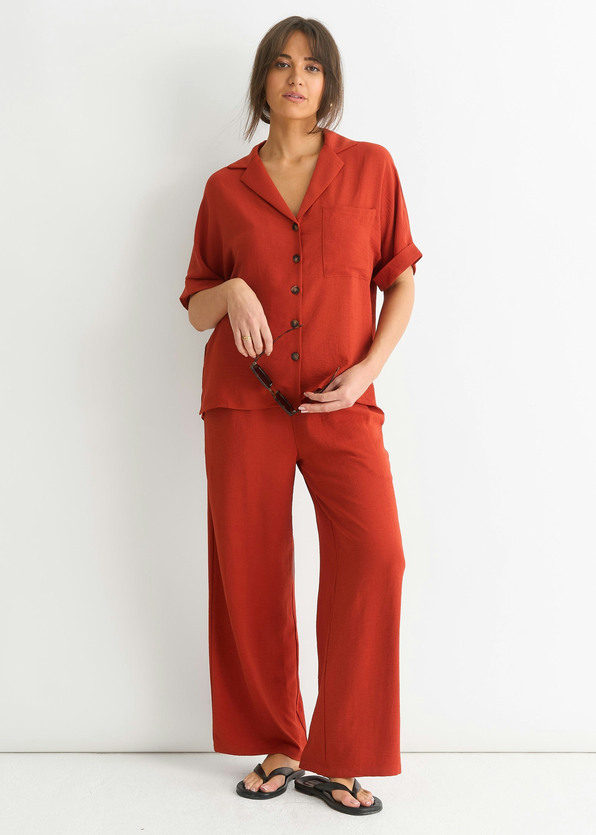Gini London Rust Elastic Waist Wide Leg Trousers - S-M (Uk 8-10/Us 4-6/Eu 36-38)
