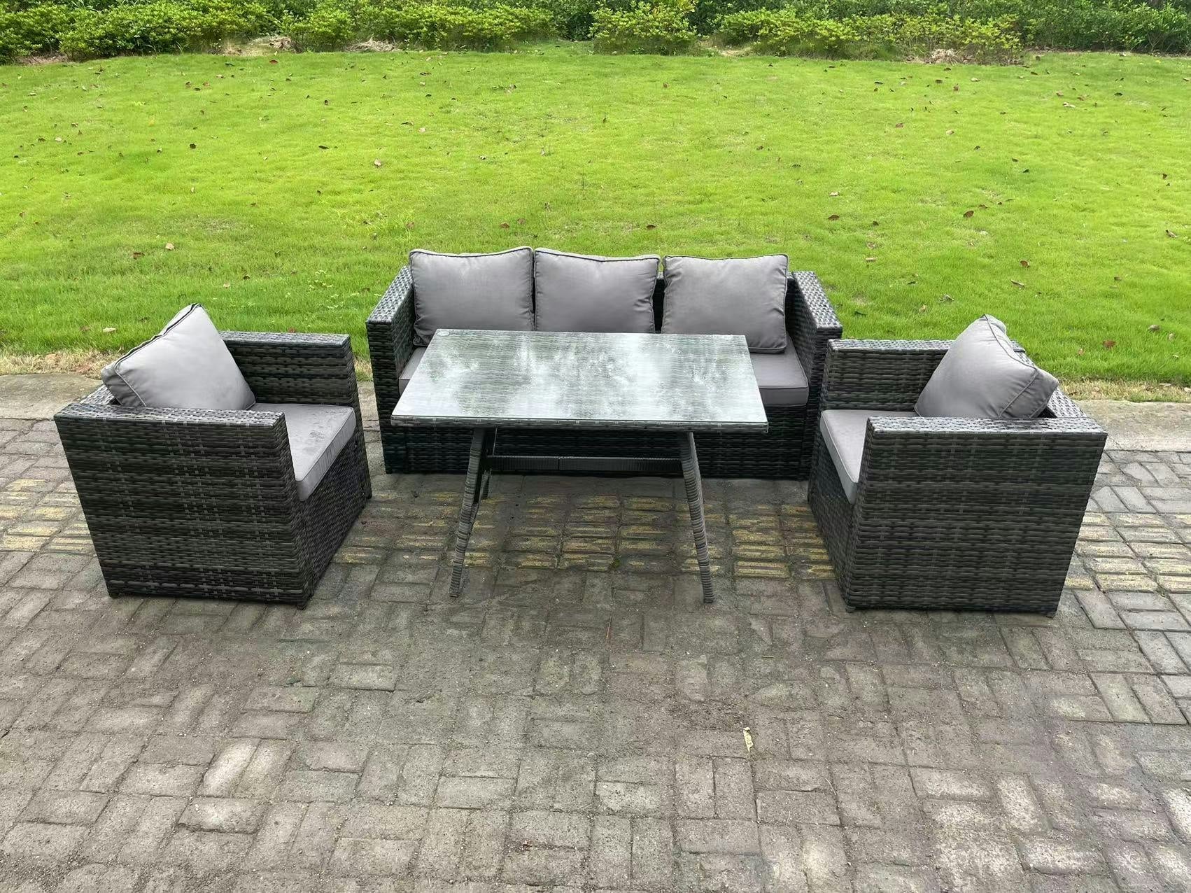 Fimous Dark/Grey Wicker Pe Rattan Outdoor Furniture Garden Dining Set With Lounge Sofa Oblong Dining Table 2 Armchairs Mixed