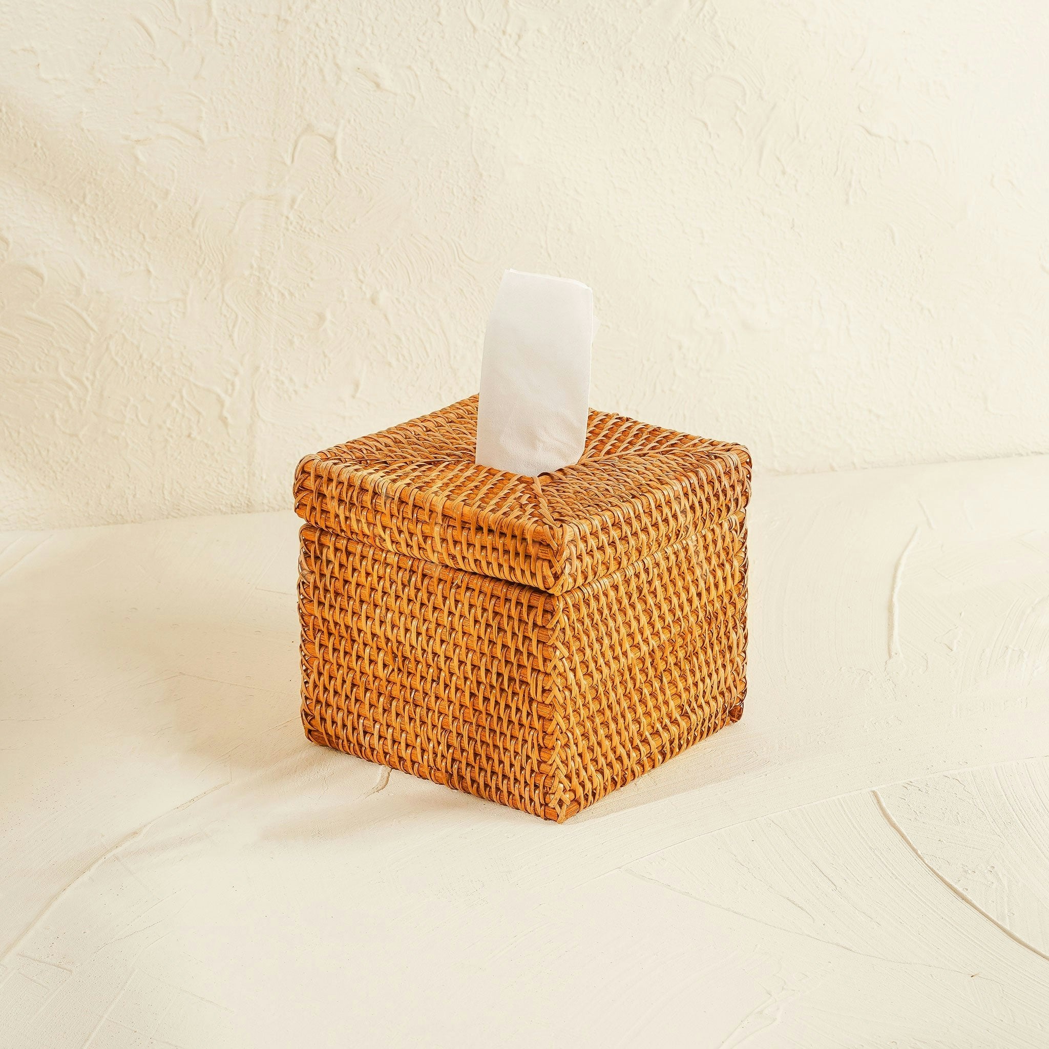 Coastal Villa Homeware Brown Square Rattan Tissue Cover - Wicker Tissue Boxes - Honey