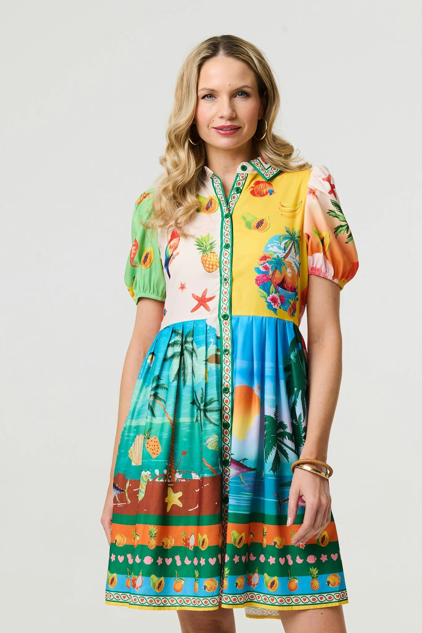 Izabel London Women's Green Printed Puff Sleeve Short Shirt Dress - 16