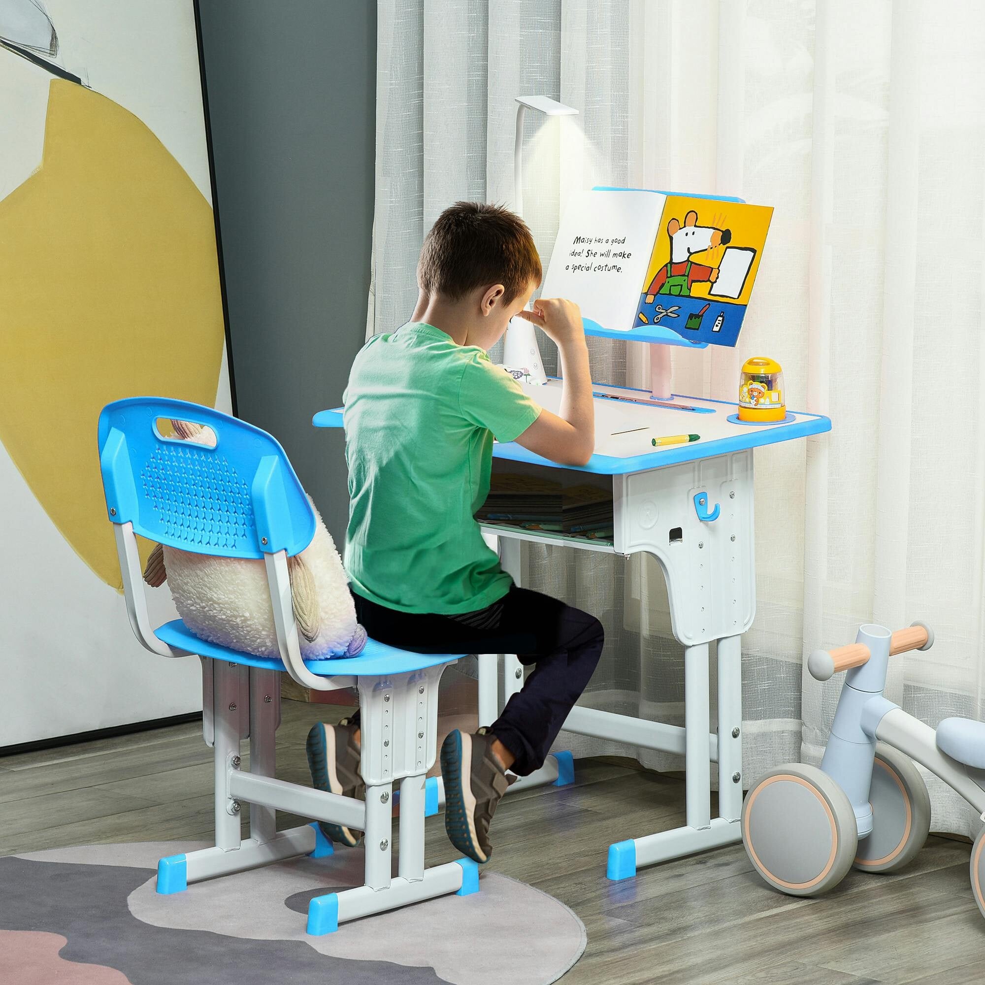 Homcom Blue Kids Desk And Chair Set With Drawer, Book Stand, Pen Slot