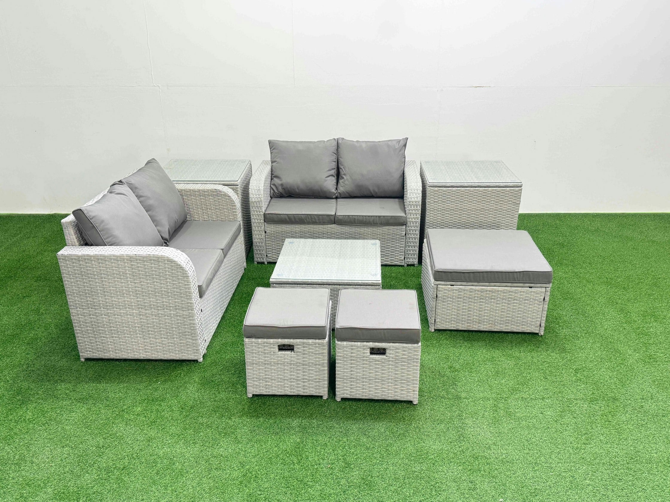 Rackhams Light/Grey 7 Seater Outdoor Love Sofa Set Rattan Garden Furniture Set With Square Coffee Table 3 Footstool 2 Side Tables