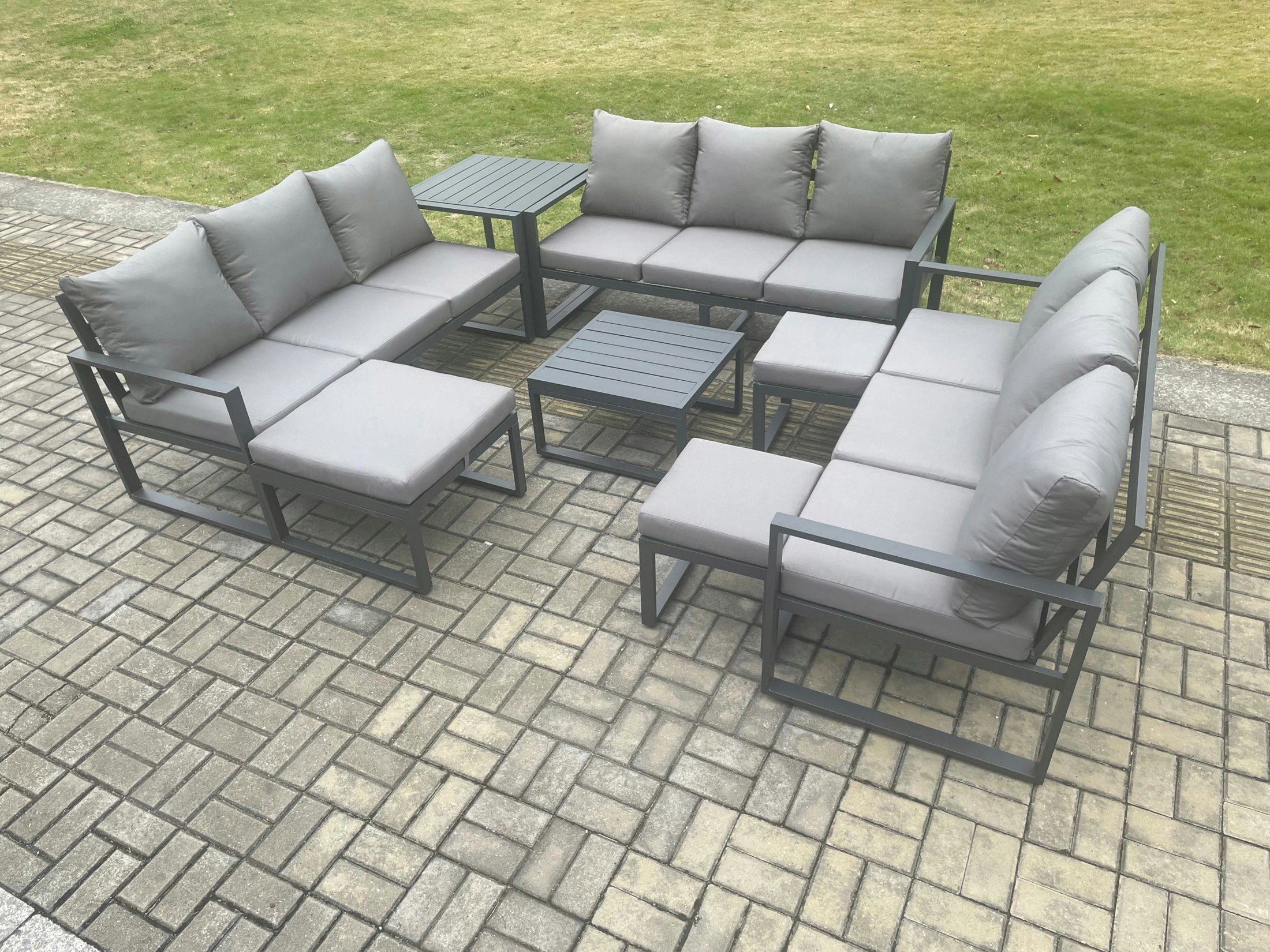 Fimous Dark/Grey Aluminium Outdoor Garden Furniture Set Patio Lounge Sofa With Square Coffee Table Side Table 3 Footstools Conservatory Set